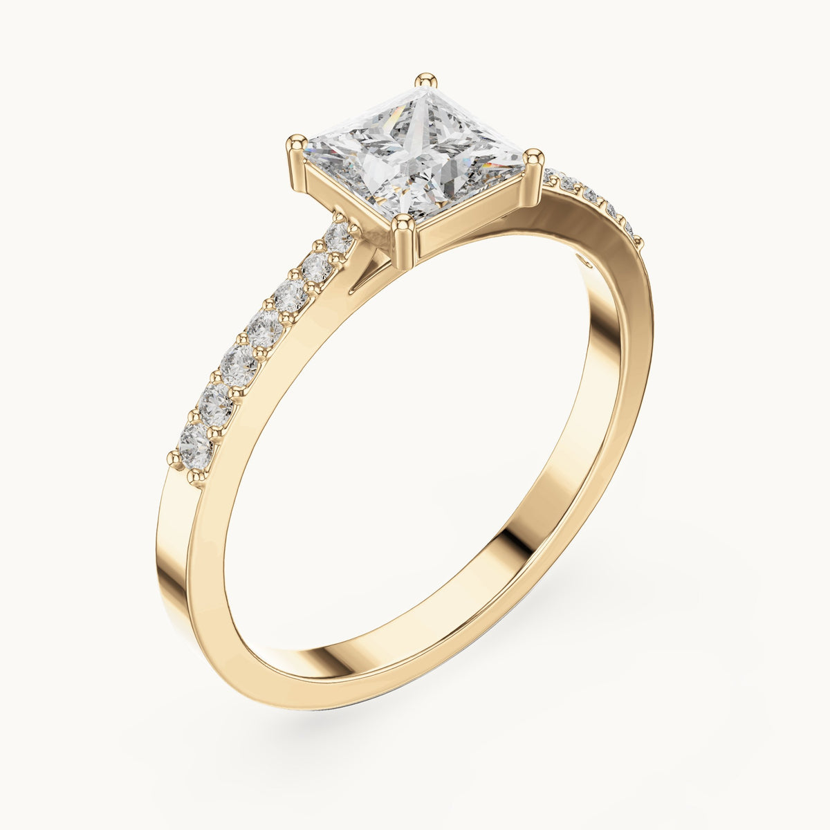 Princess-cut lab-grown diamond pavé engagement ring in yellow gold, 0.74 CT TW, view 2