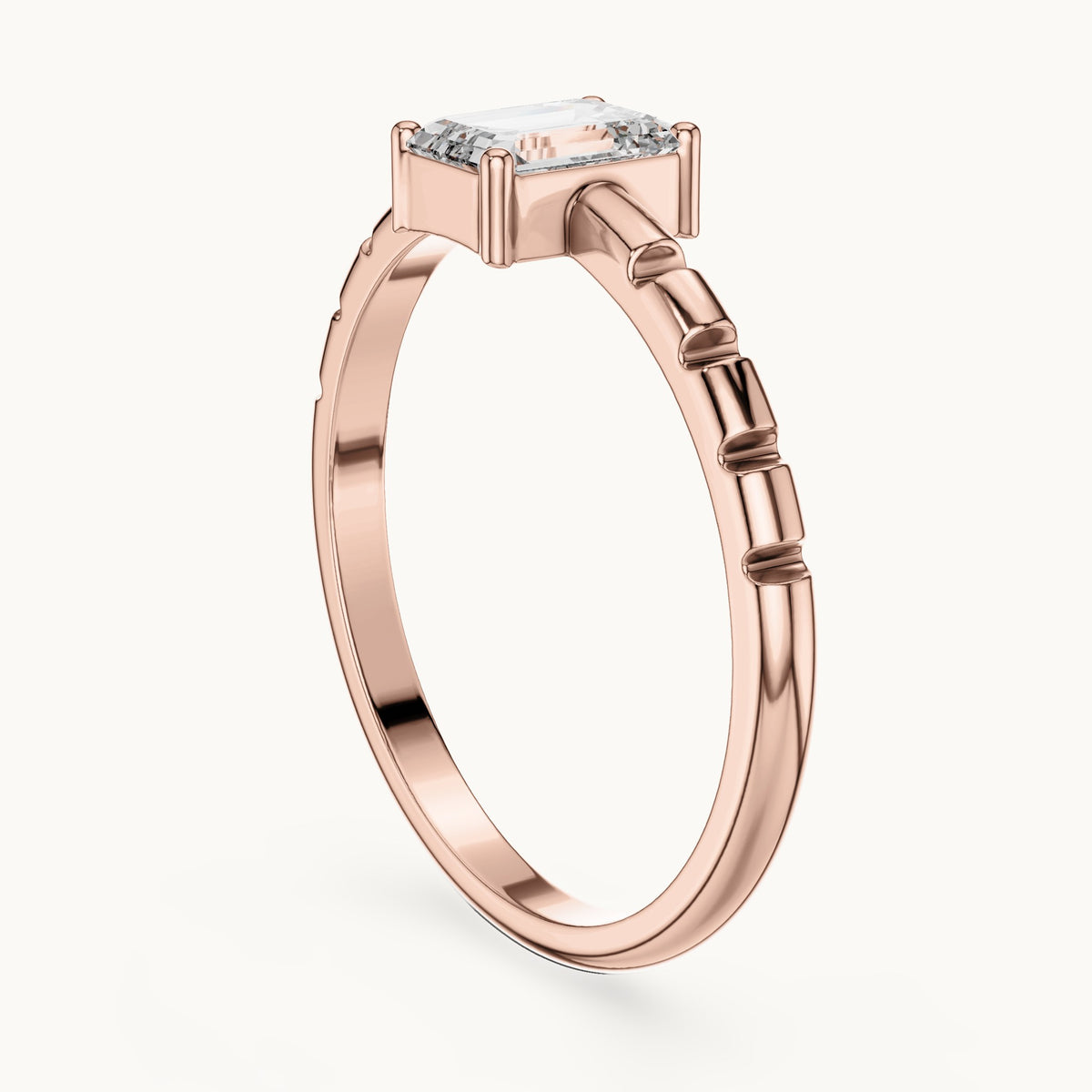 Emerald-cut lab-grown diamond solitaire engagement ring with notched band in rose gold, 0.50 CT TW, view 1