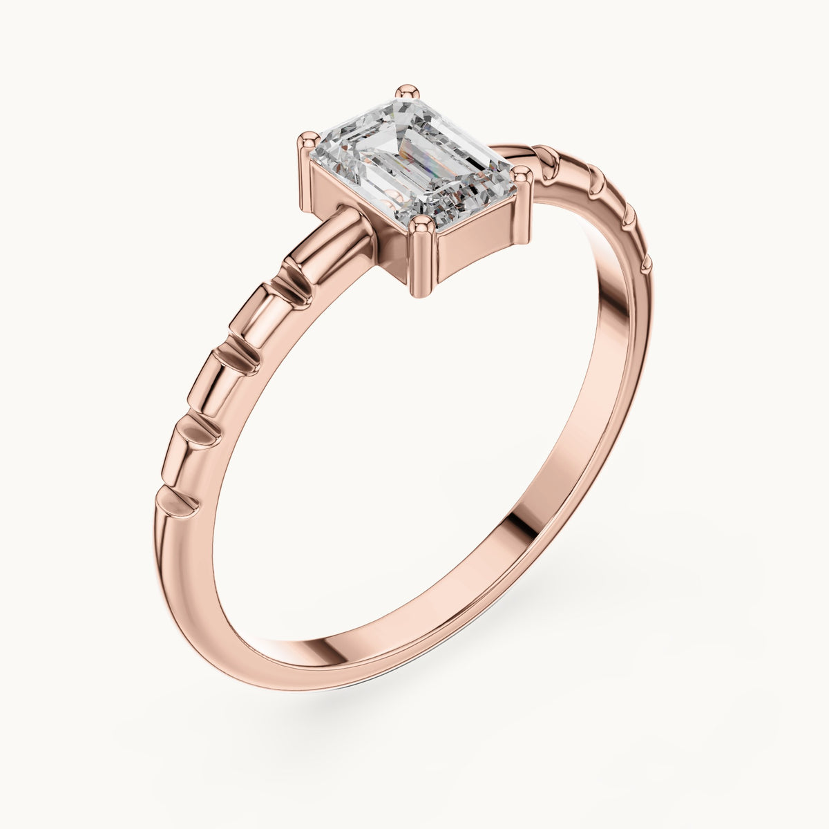 Emerald-cut lab-grown diamond solitaire engagement ring with notched band in rose gold, 0.50 CT TW, view 2