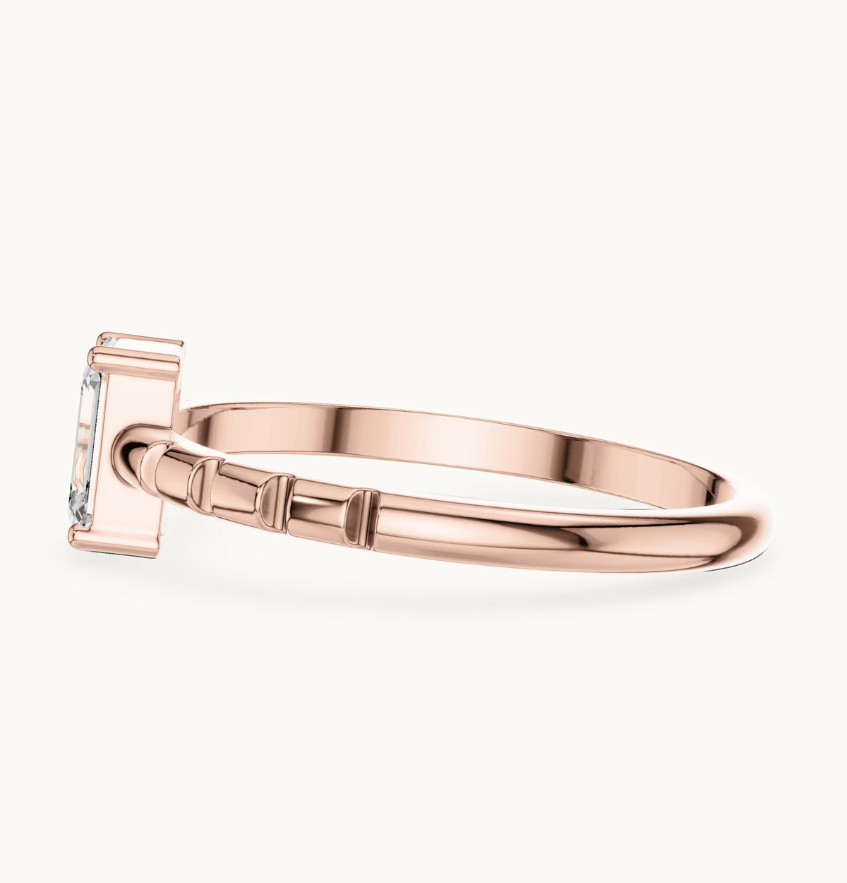 Emerald-cut lab-grown diamond solitaire engagement ring with notched band in rose gold, 0.50 CT TW, view 3