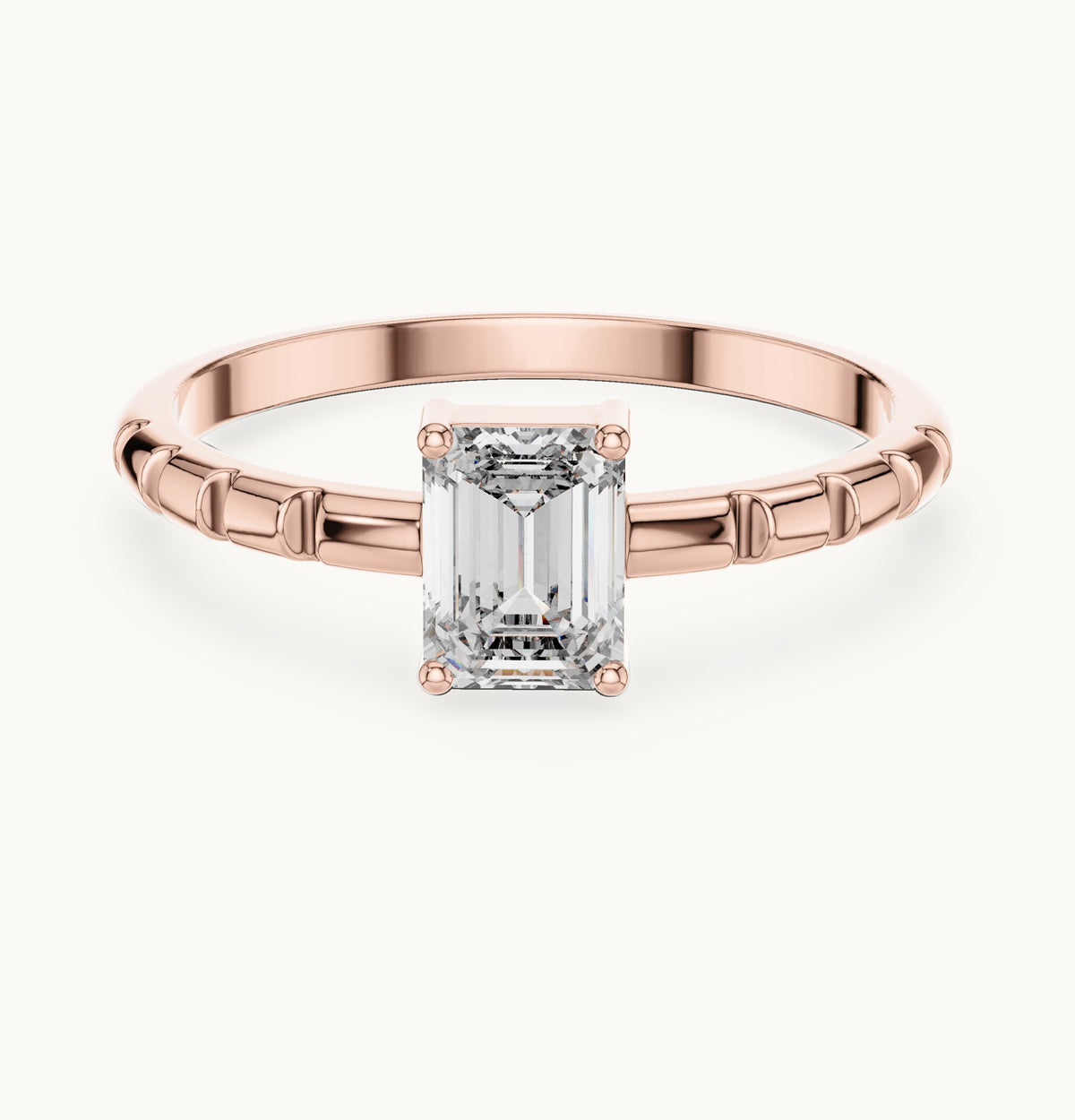 Emerald-cut lab-grown diamond solitaire engagement ring with notched band in rose gold, 0.50 CT TW, view 4