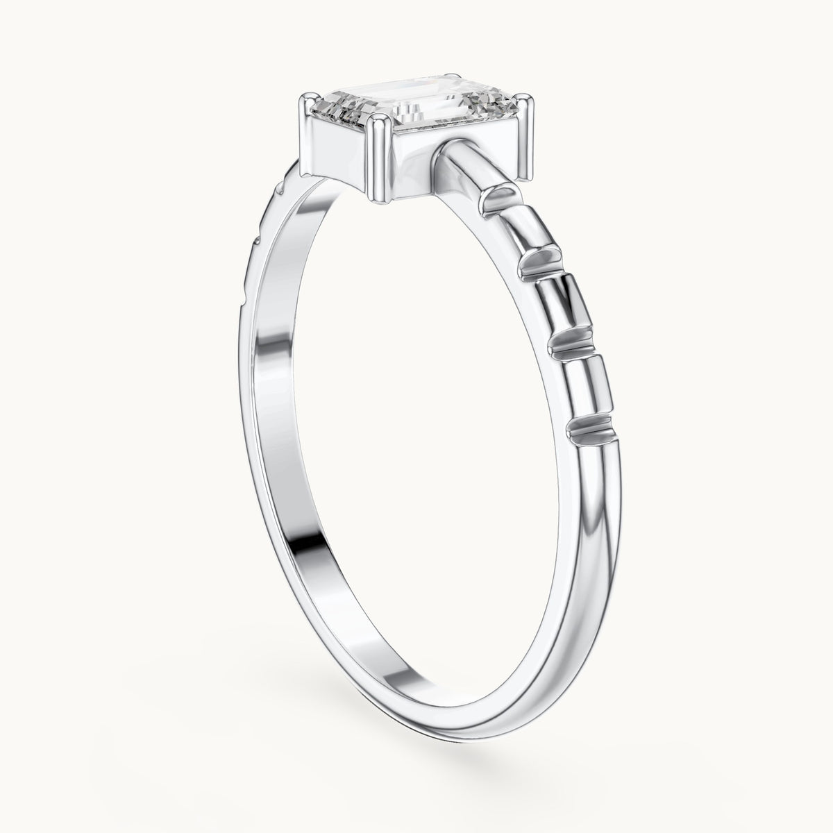 Emerald-cut lab-grown diamond solitaire engagement ring with notched band in white gold, 0.50 CT TW, view 1