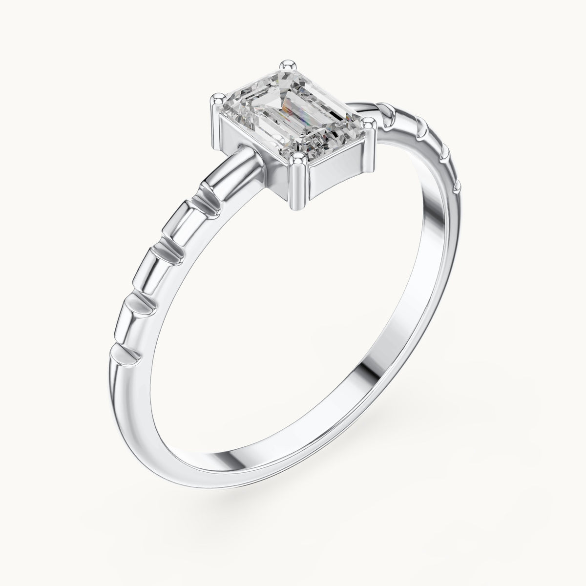 Emerald-cut lab-grown diamond solitaire engagement ring with notched band in white gold, 0.50 CT TW, view 2