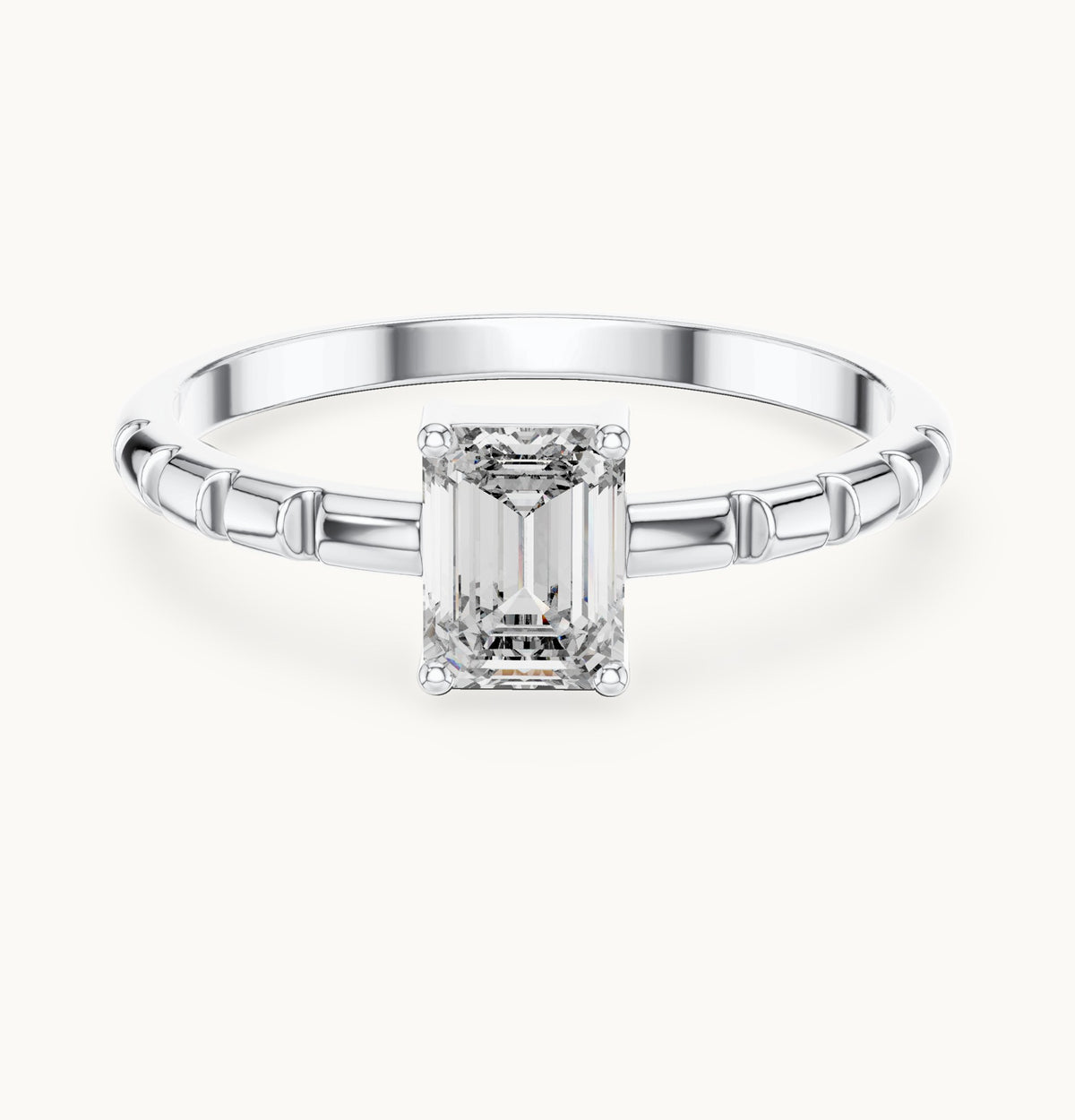 Emerald-cut lab-grown diamond solitaire engagement ring with notched band in white gold, 0.50 CT TW, view 4