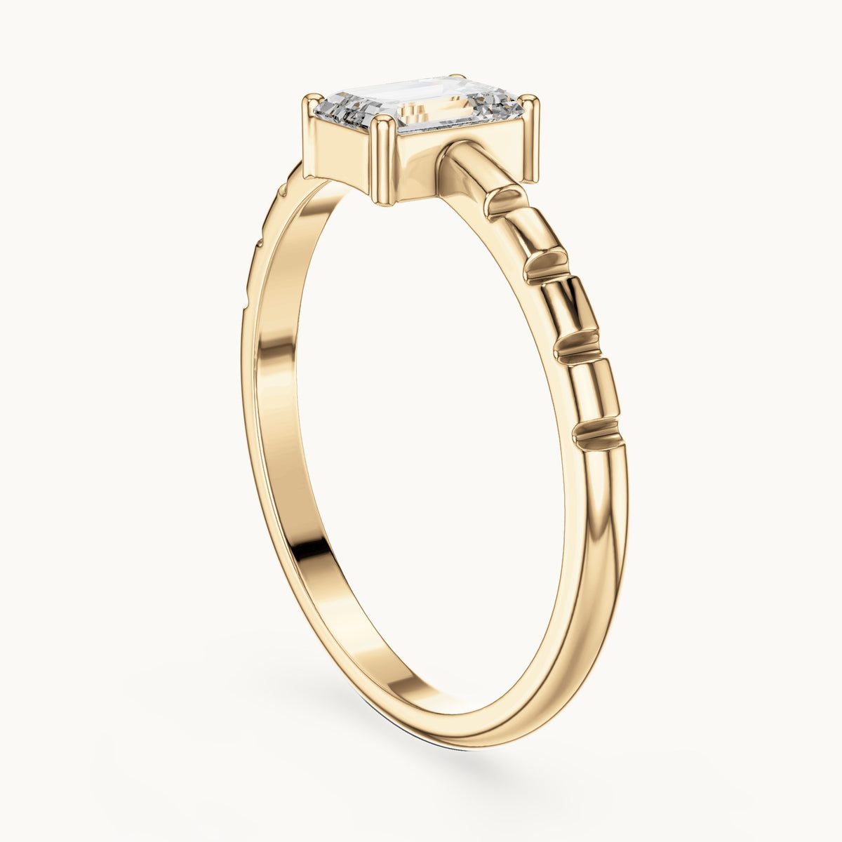 Emerald-cut lab-grown diamond solitaire engagement ring with notched band in yellow gold, 0.50 CT TW, view 1