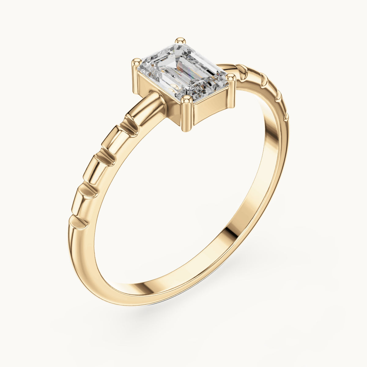 Emerald-cut lab-grown diamond solitaire engagement ring with notched band in yellow gold, 0.50 CT TW, view 2