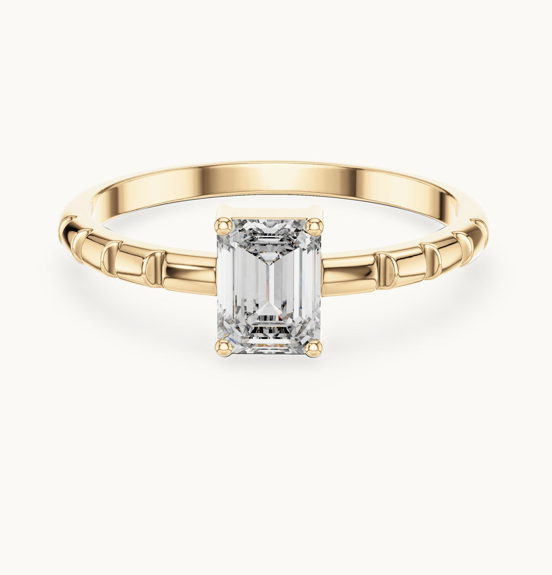 Emerald-cut lab-grown diamond solitaire engagement ring with notched band in yellow gold, 0.50 CT TW, view 4