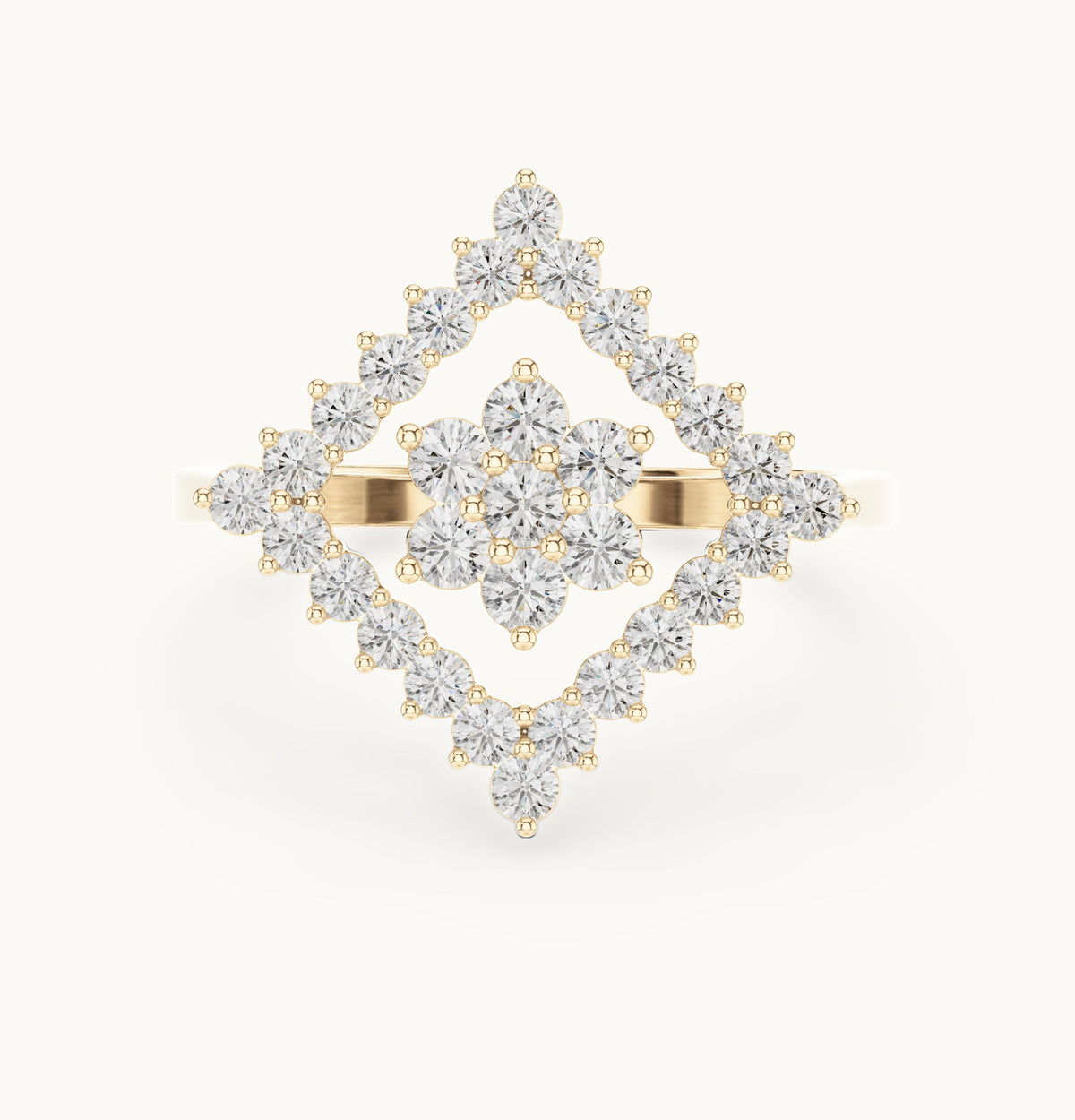 Round lab-grown diamond geometric cluster ring in yellow gold, 0.677 CT TW, view 4