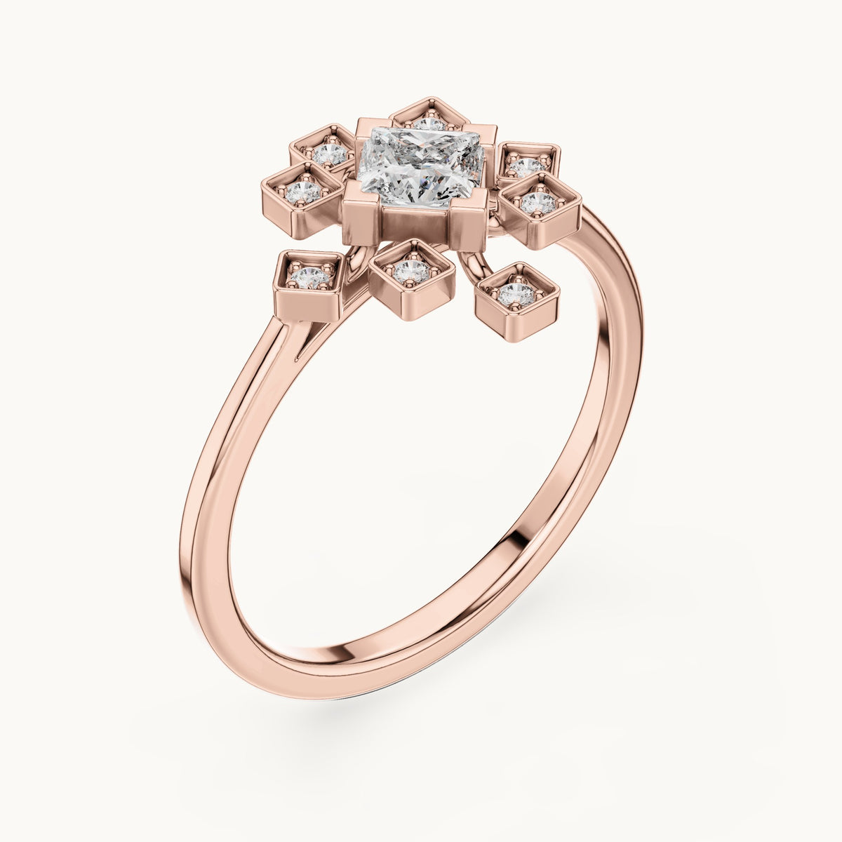 Princess-cut lab-grown diamond starburst geometric ring in rose gold, 0.26 CT TW, view 2