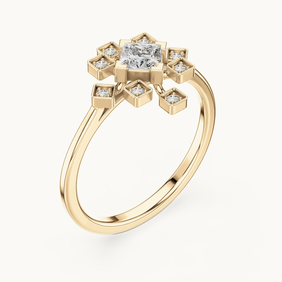 Princess-cut lab-grown diamond starburst geometric ring in yellow gold, 0.26 CT TW, view 2