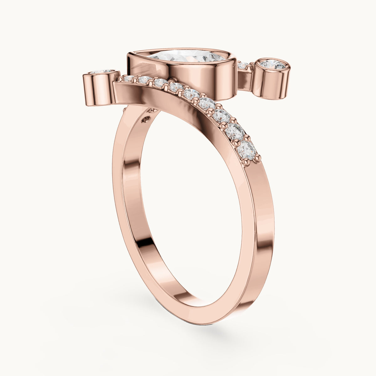 Pear lab-grown diamond open bypass ring with bezel accents in rose gold, 0.72 CT TW, view 1