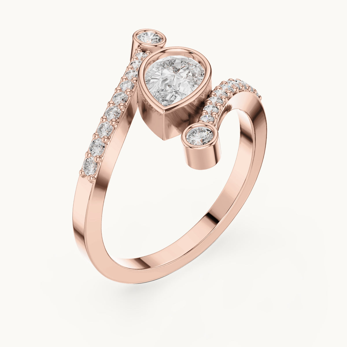Pear lab-grown diamond open bypass ring with bezel accents in rose gold, 0.72 CT TW, view 2
