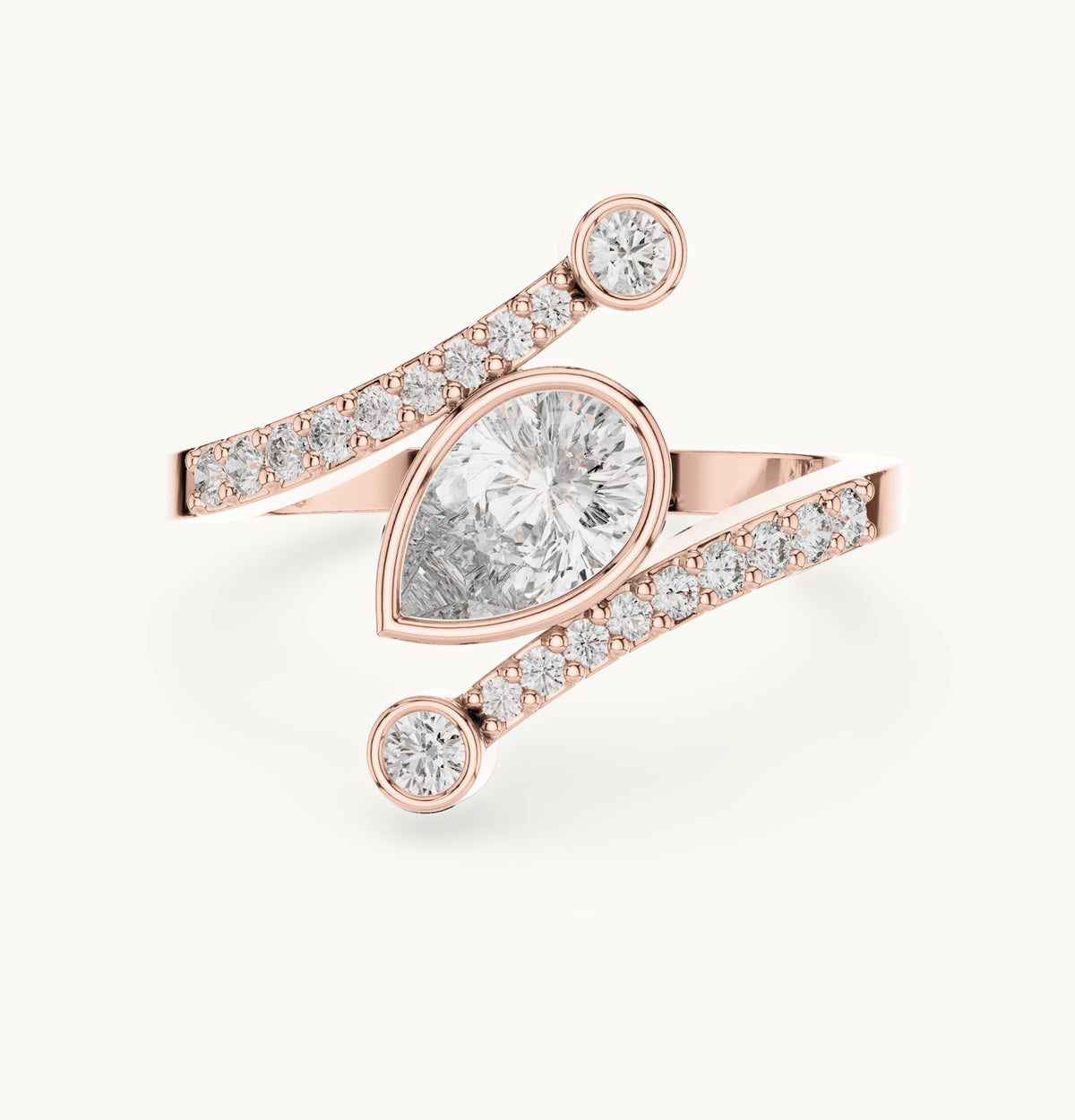 Pear lab-grown diamond open bypass ring with bezel accents in rose gold, 0.72 CT TW, view 4