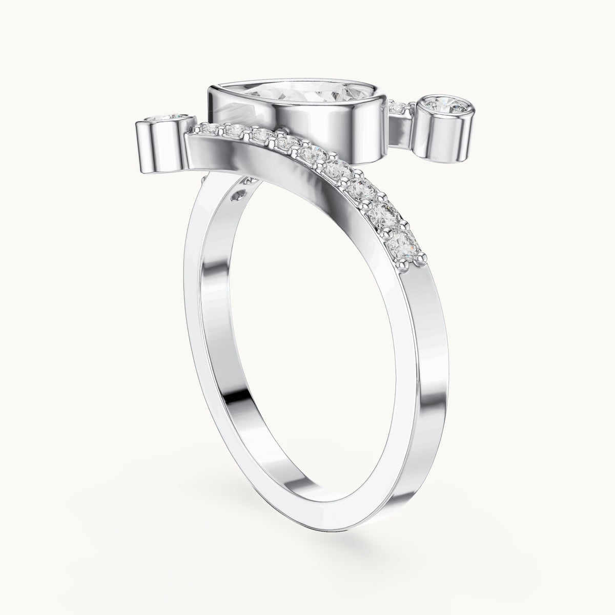 Pear lab-grown diamond open bypass ring with bezel accents in white gold, 0.72 CT TW, view 1