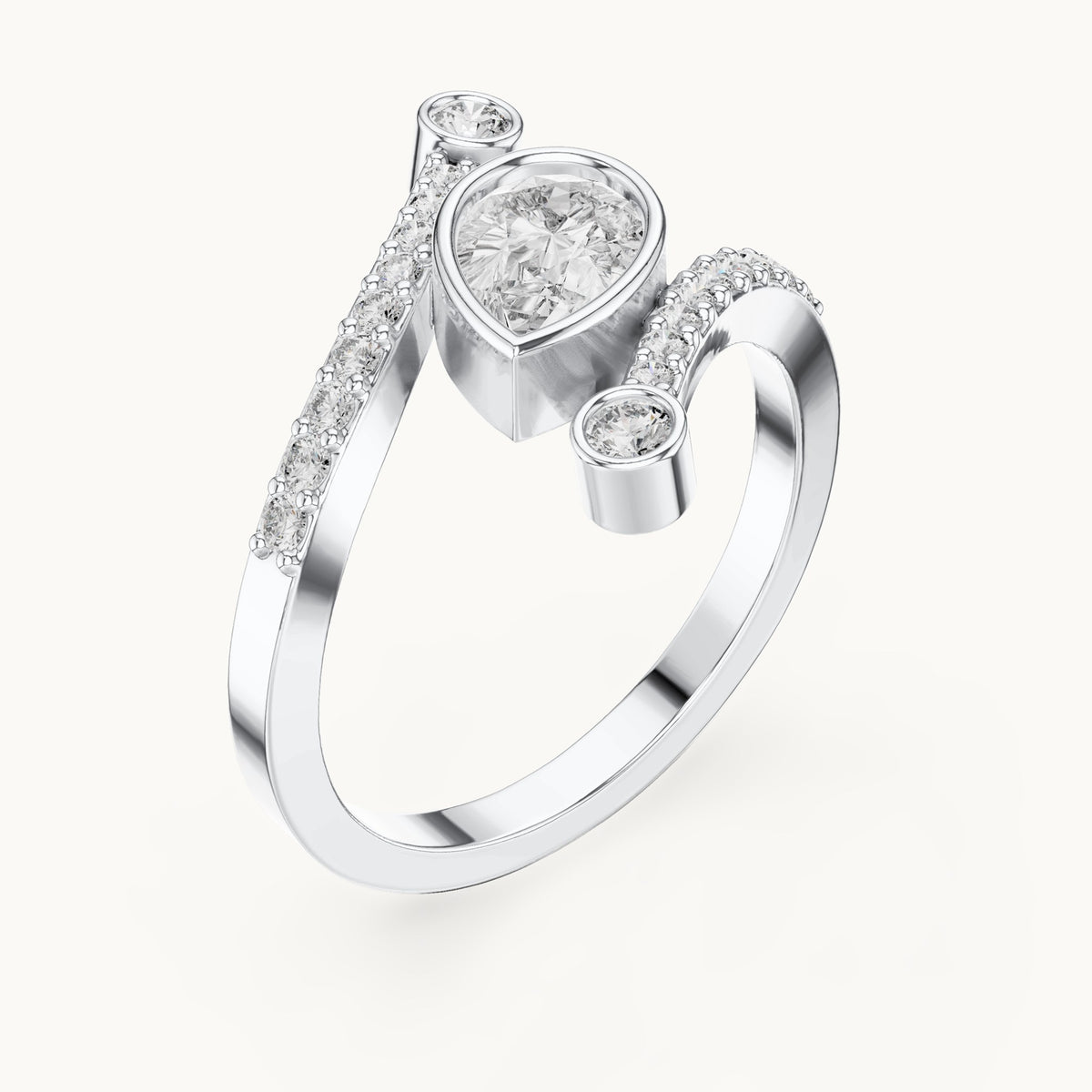 Pear lab-grown diamond open bypass ring with bezel accents in white gold, 0.72 CT TW, view 2
