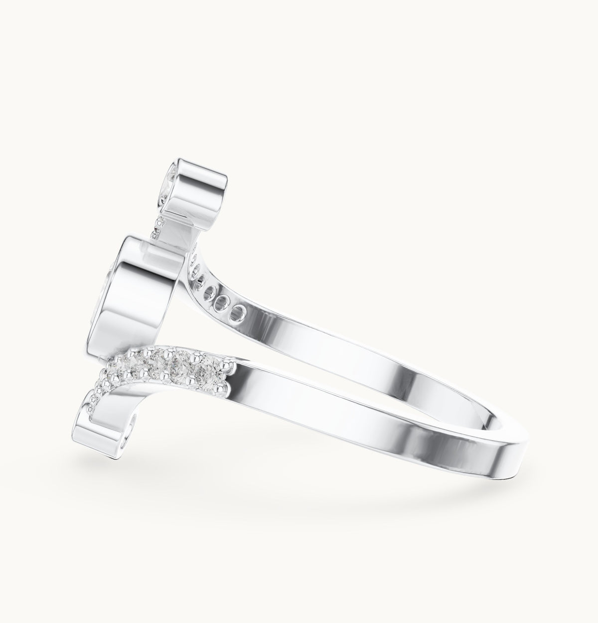 Pear lab-grown diamond open bypass ring with bezel accents in white gold, 0.72 CT TW, view 3