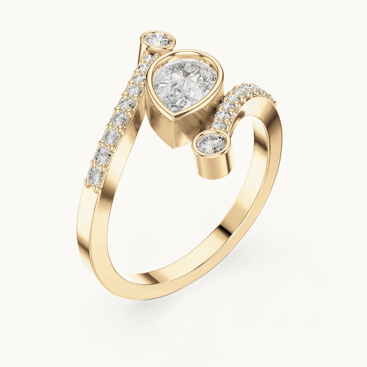 Pear lab-grown diamond open bypass ring with bezel accents in yellow gold, 0.72 CT TW, view 2