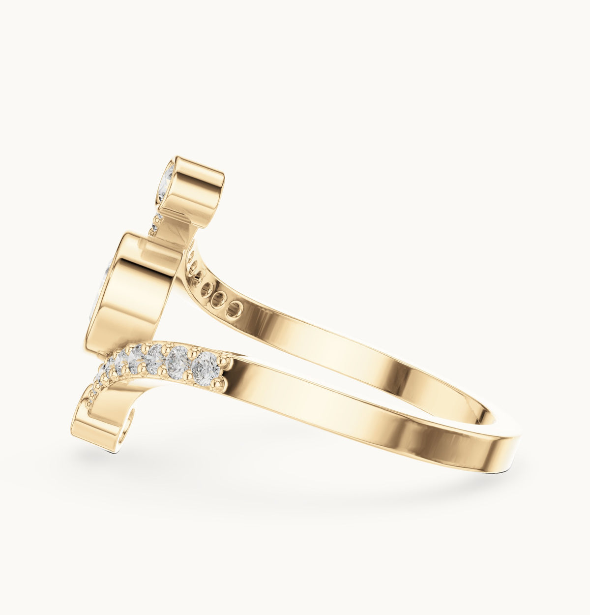 Pear lab-grown diamond open bypass ring with bezel accents in yellow gold, 0.72 CT TW, view 3