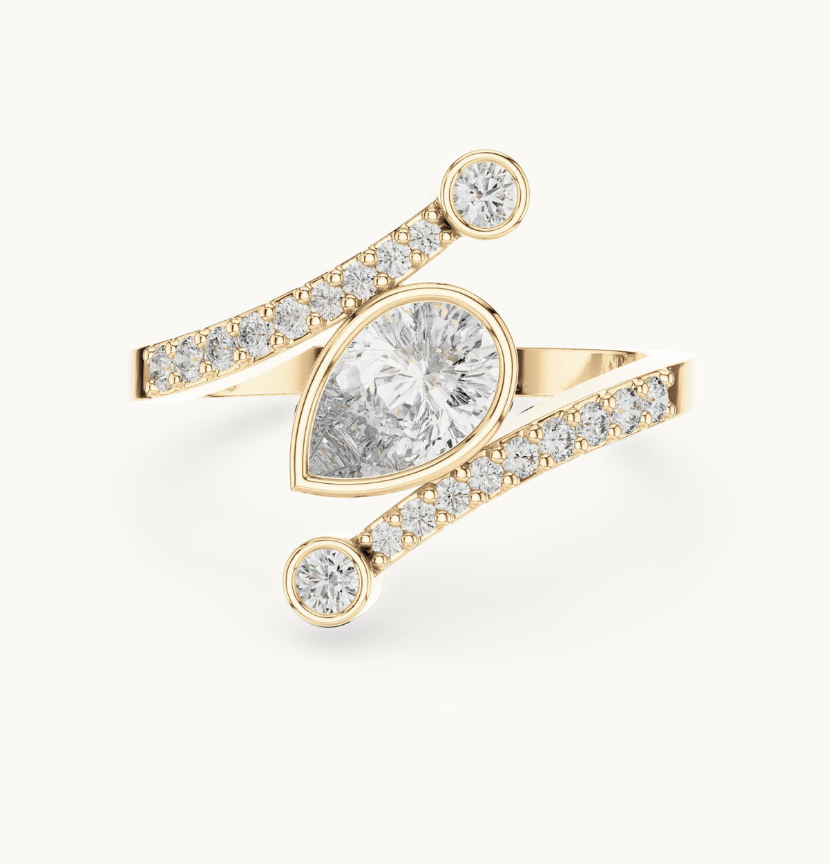Pear lab-grown diamond open bypass ring with bezel accents in yellow gold, 0.72 CT TW, view 4