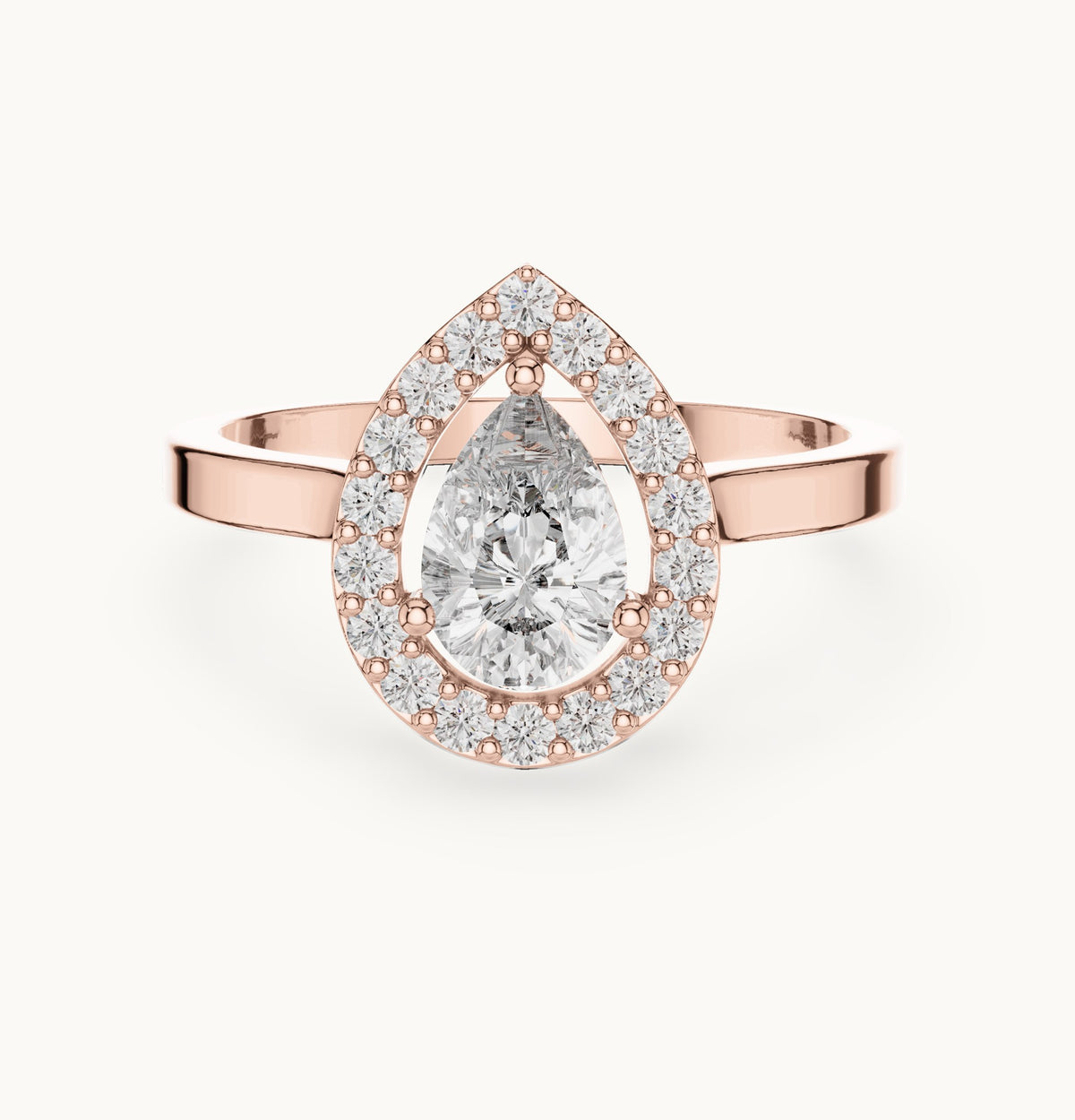 Pear and round lab-grown diamond halo engagement ring in rose gold, 0.92 CT TW, view 4