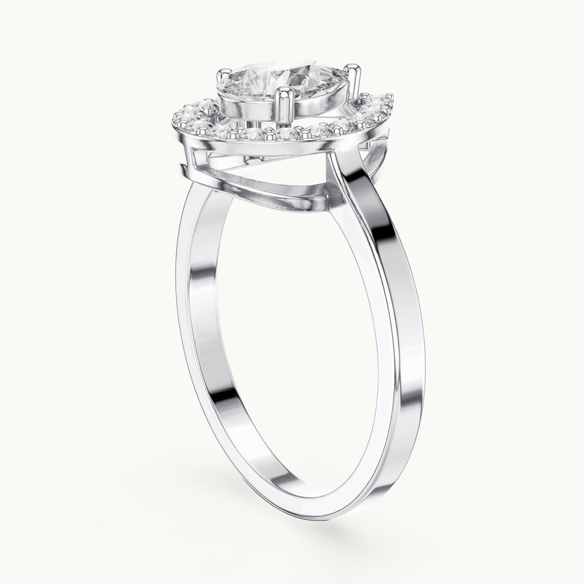 Pear and round lab-grown diamond halo engagement ring in white gold, 0.92 CT TW, view 1