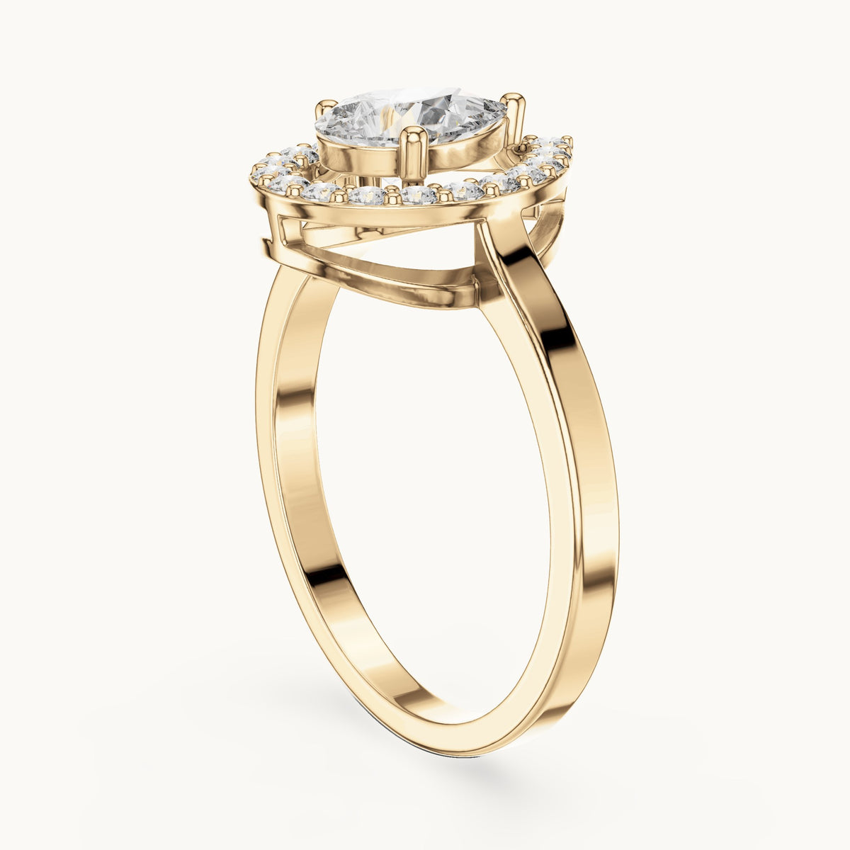Pear and round lab-grown diamond halo engagement ring in yellow gold, 0.92 CT TW, view 1