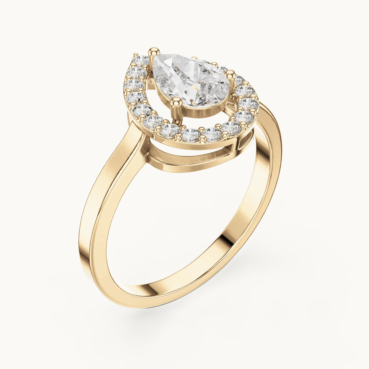 Pear and round lab-grown diamond halo engagement ring in yellow gold, 0.92 CT TW, view 2
