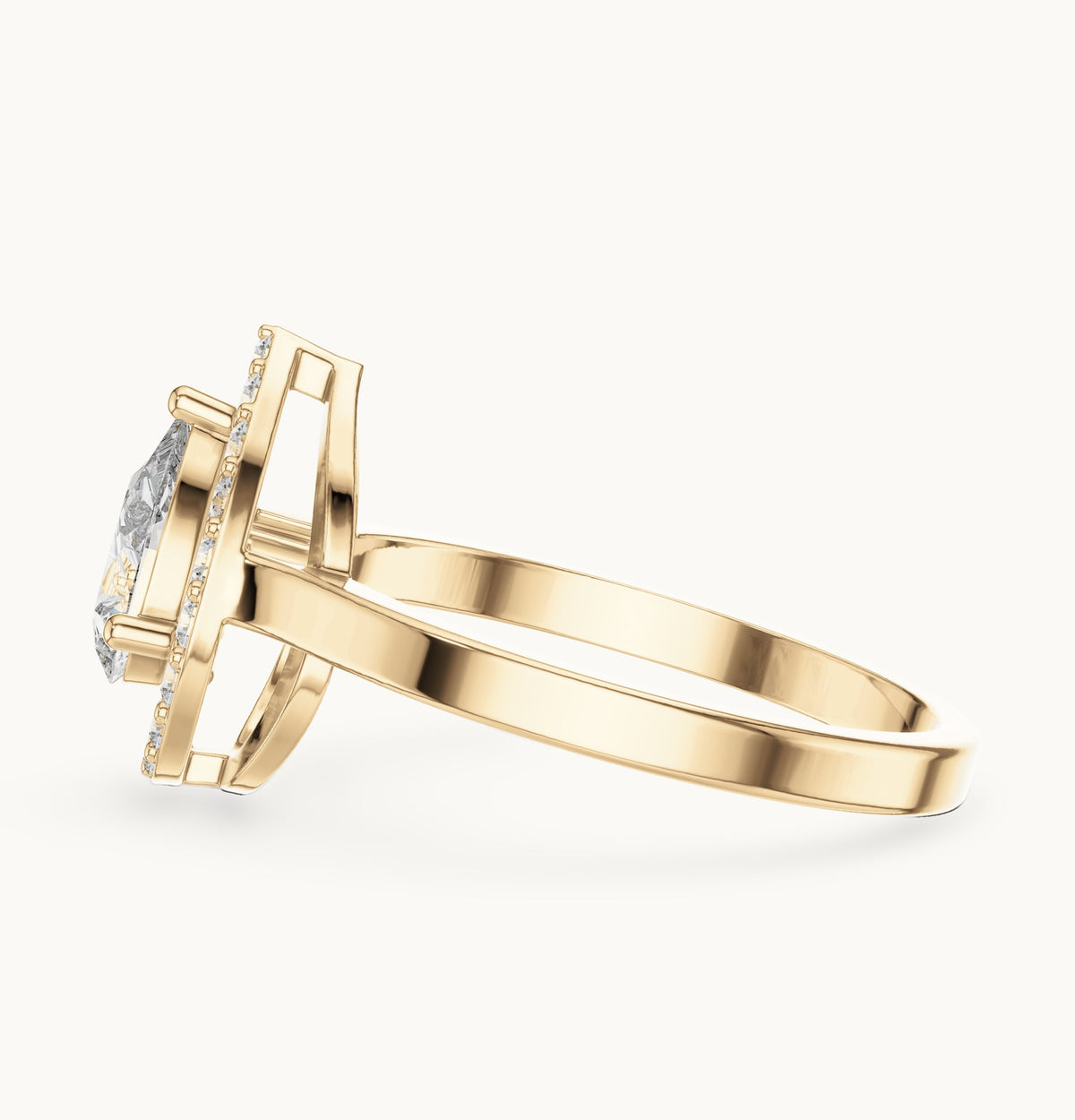 Pear and round lab-grown diamond halo engagement ring in yellow gold, 0.92 CT TW, view 3