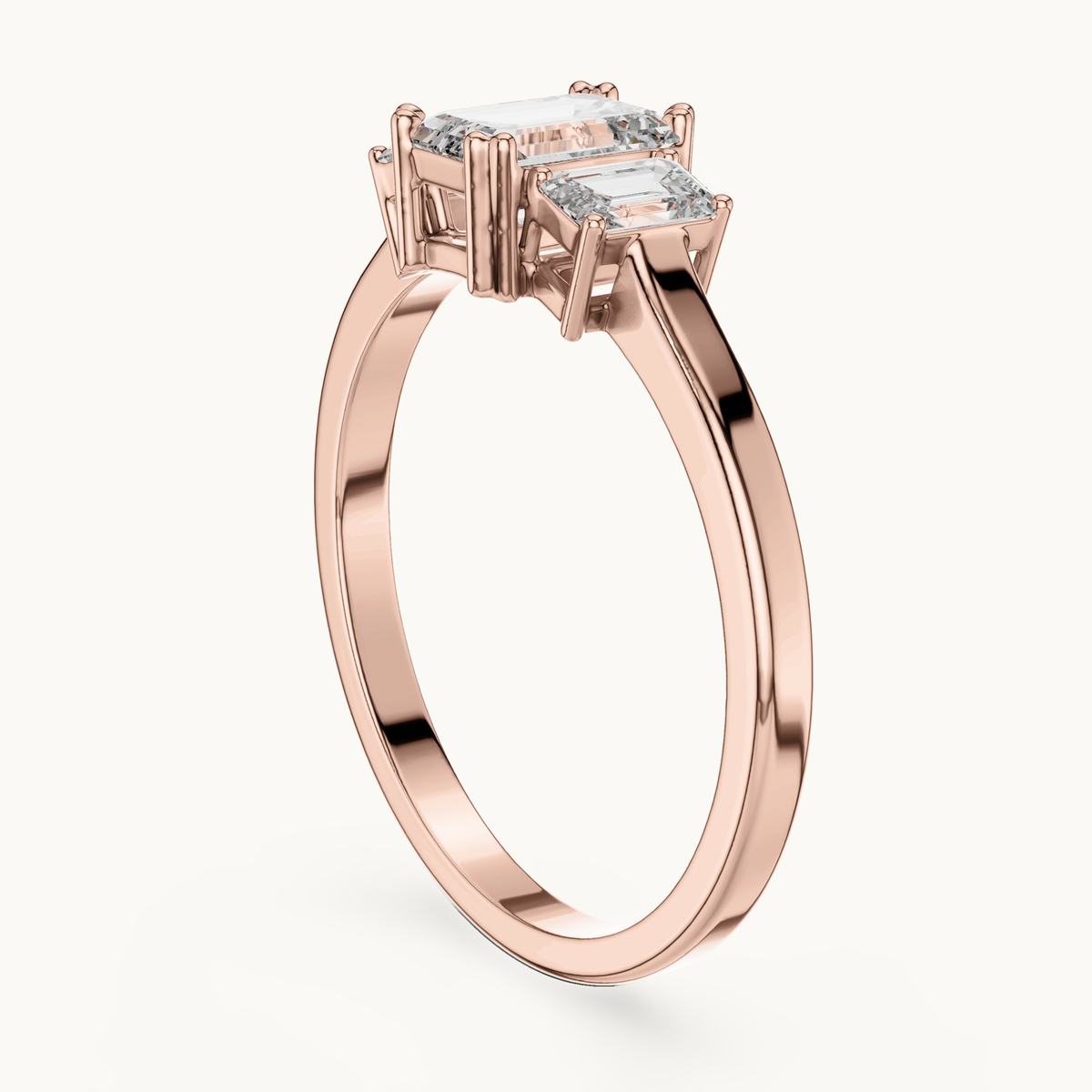 Emerald-cut lab-grown diamond three stone ring in 14K rose gold, 0.33 CT TW, view 1