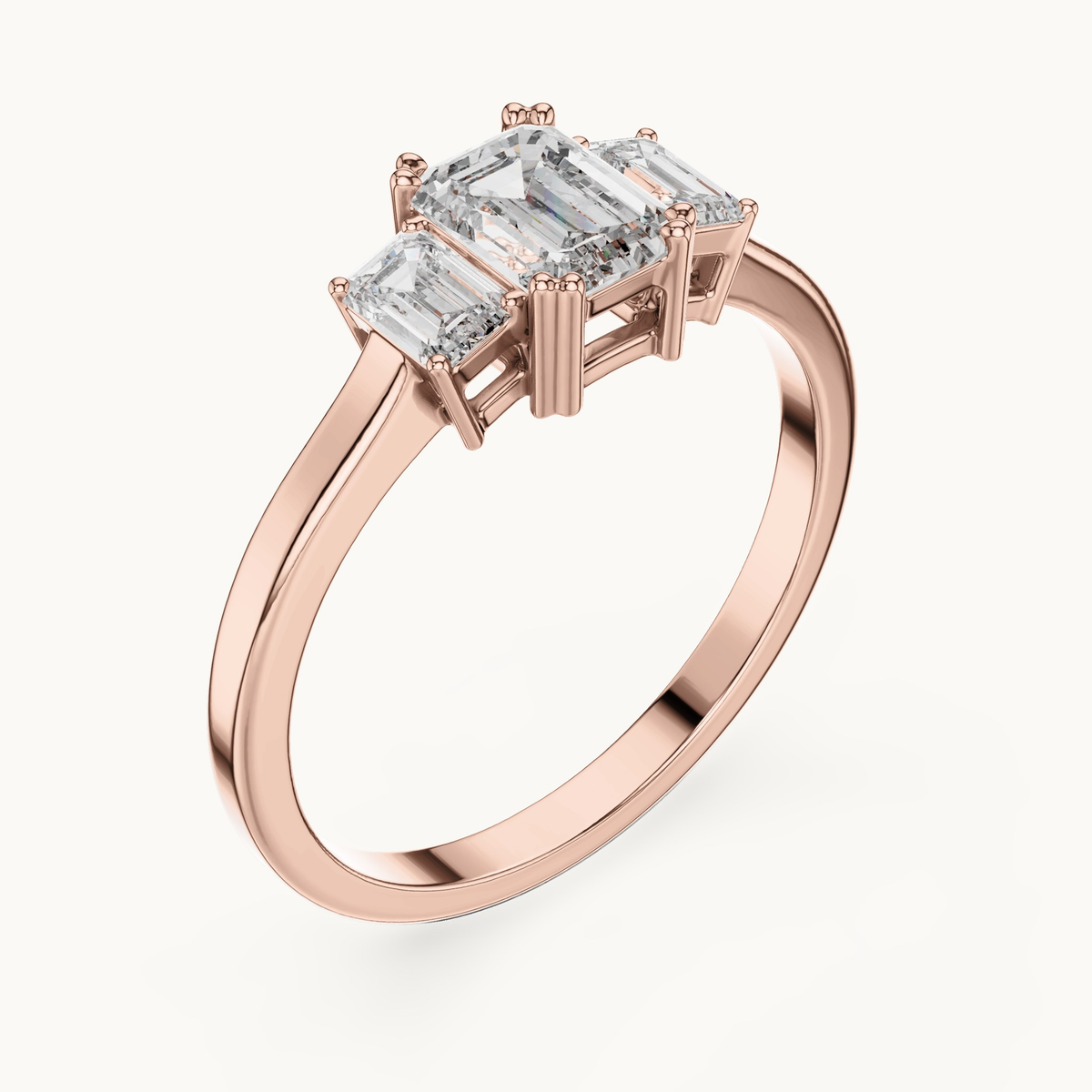Emerald-cut lab-grown diamond three stone ring in 14K rose gold, 0.33 CT TW, view 2