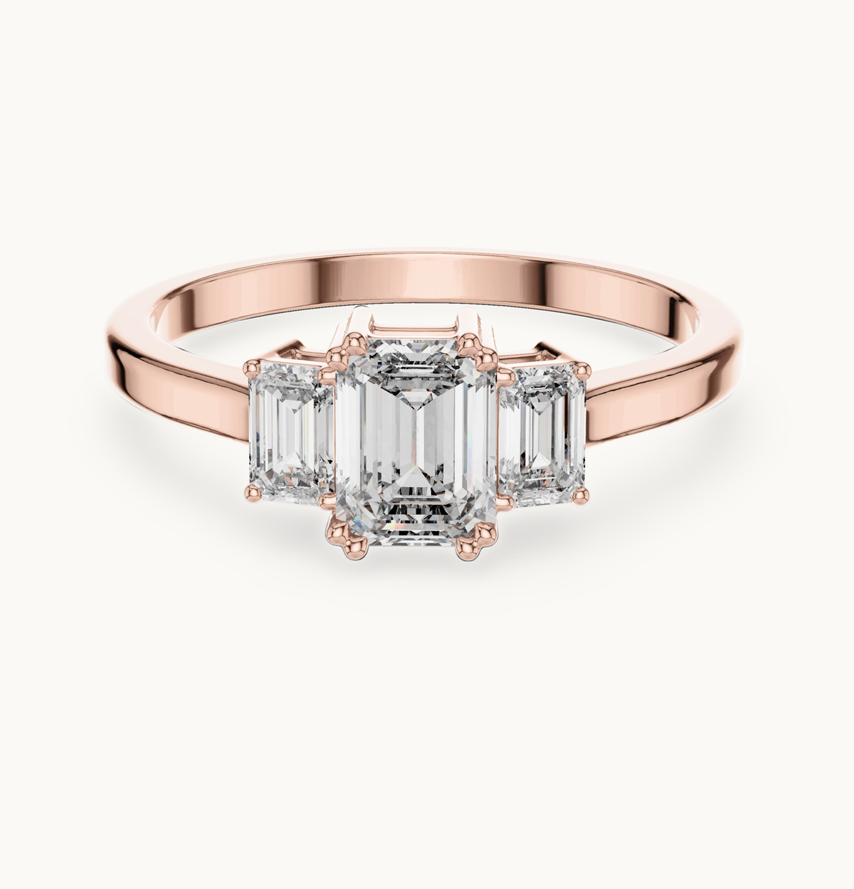 Emerald-cut lab-grown diamond three stone ring in 14K rose gold, 0.33 CT TW, view 4