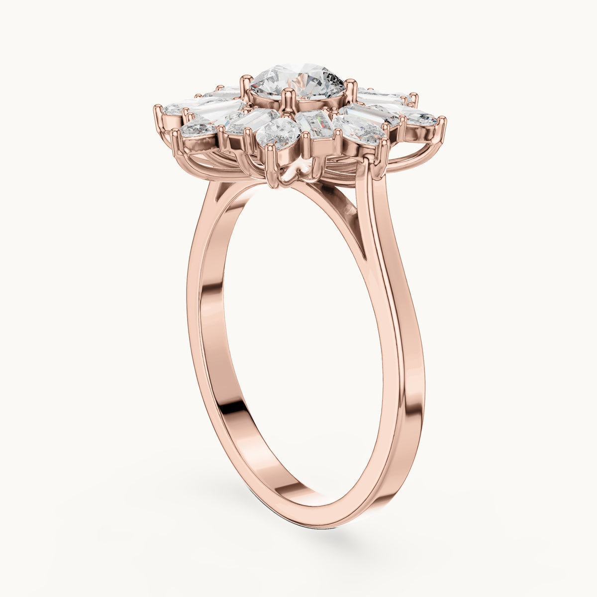 Round lab-grown diamond starburst cluster ring in rose gold, 1.30 CT TW, view 1