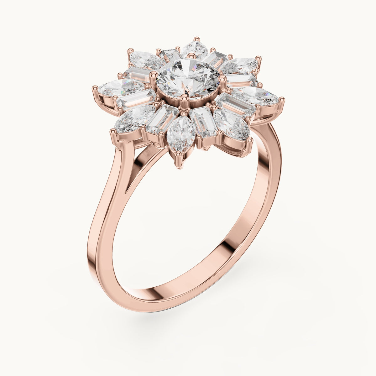 Round lab-grown diamond starburst cluster ring in rose gold, 1.30 CT TW, view 2