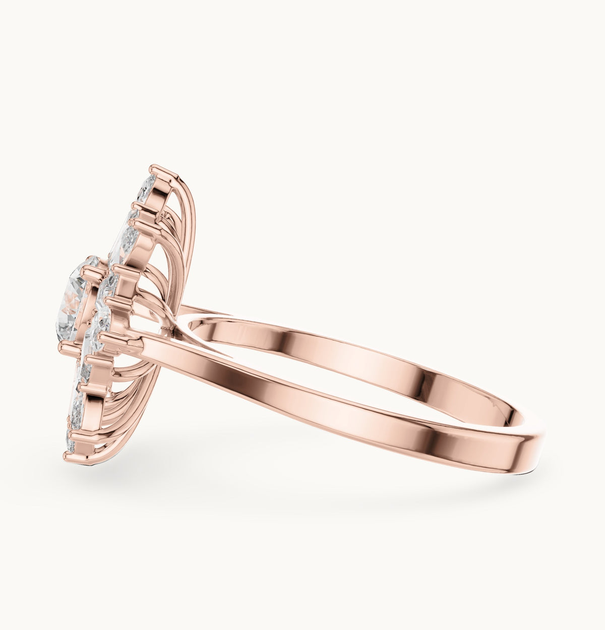 Round lab-grown diamond starburst cluster ring in rose gold, 1.30 CT TW, view 3