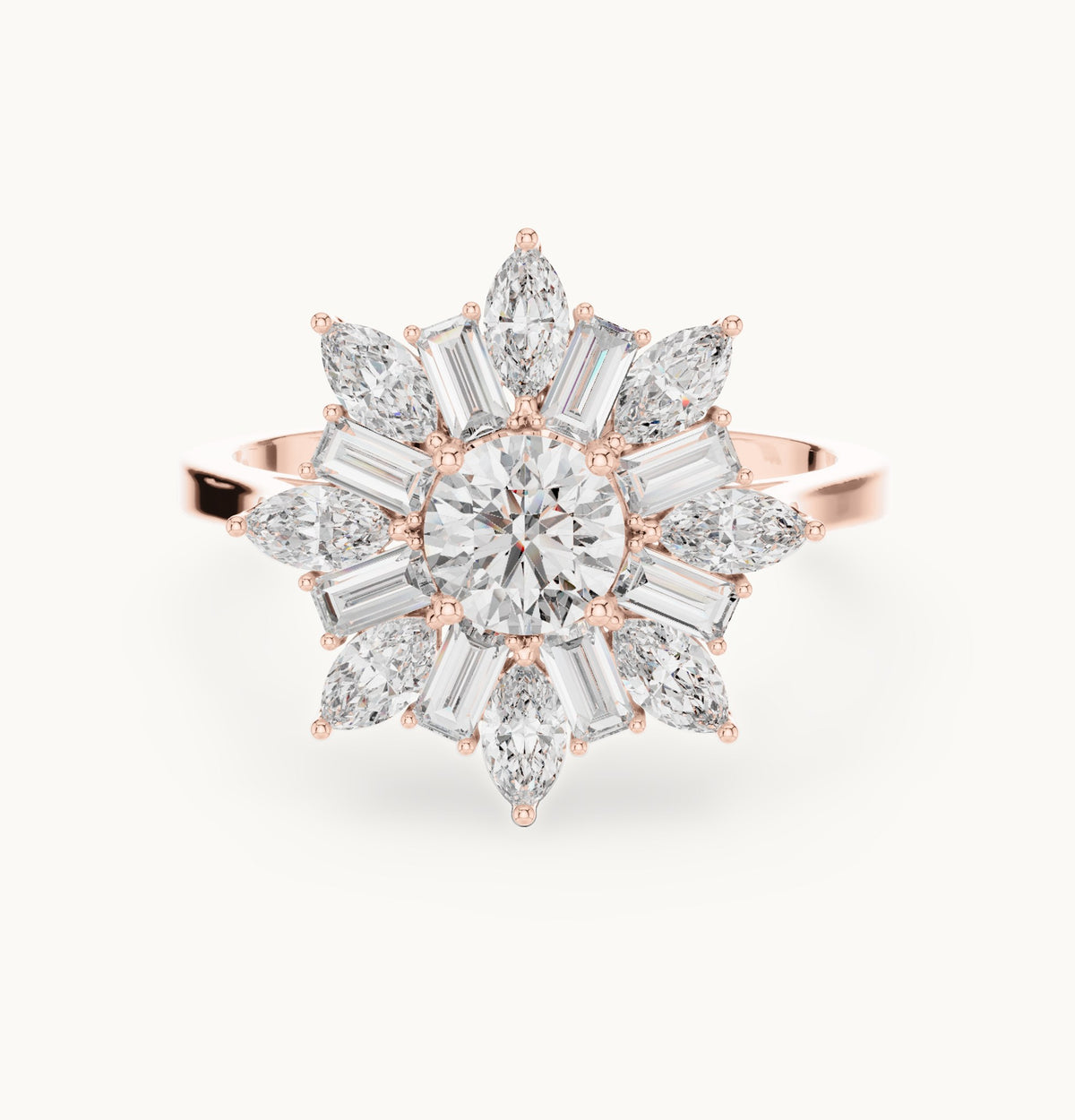 Round lab-grown diamond starburst cluster ring in rose gold, 1.30 CT TW, view 4