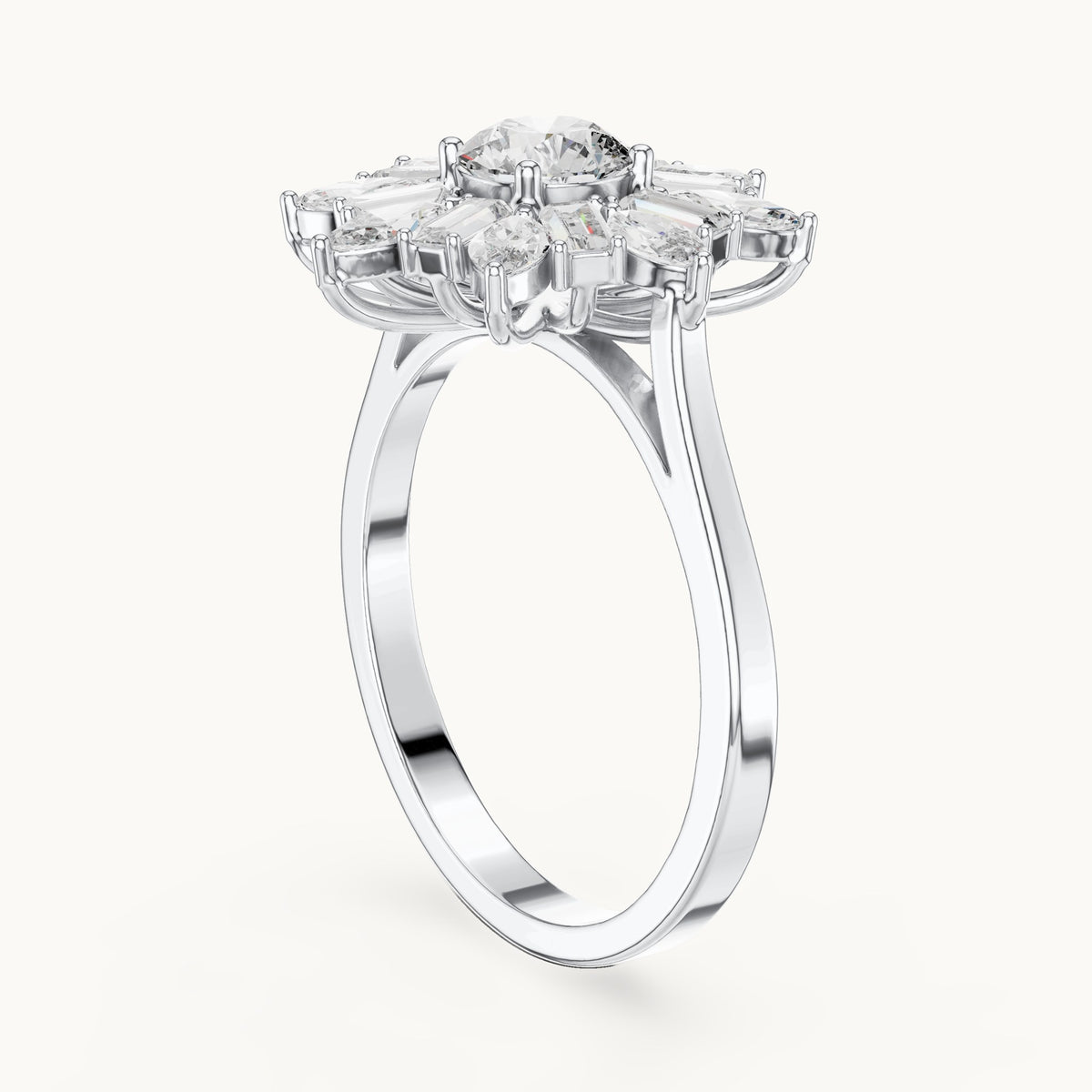 Round lab-grown diamond starburst cluster ring in white gold, 1.30 CT TW, view 1