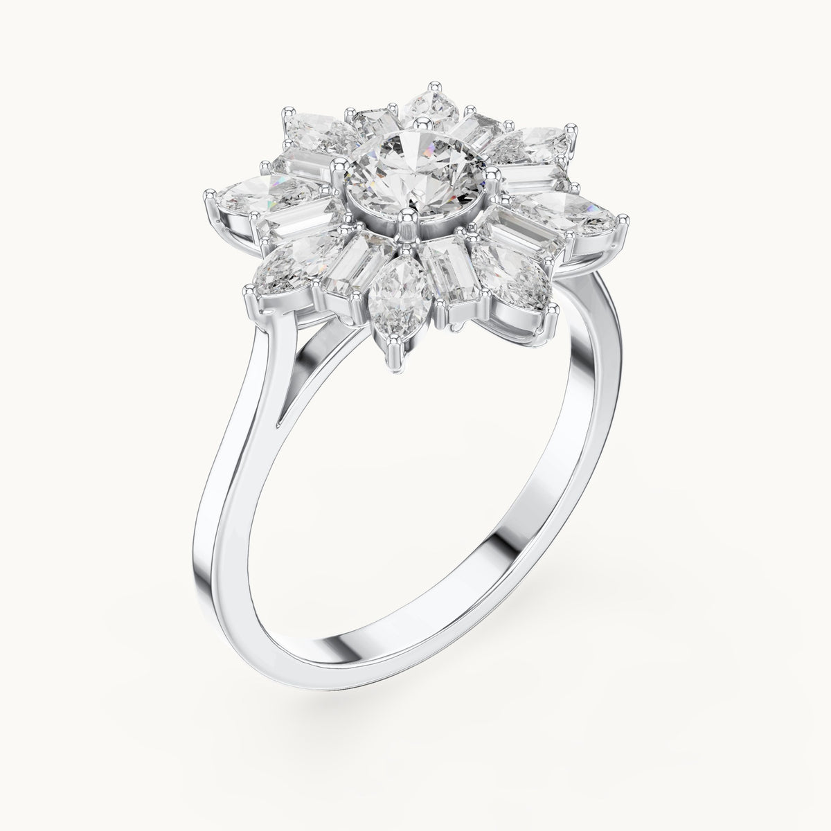 Round lab-grown diamond starburst cluster ring in white gold, 1.30 CT TW, view 2