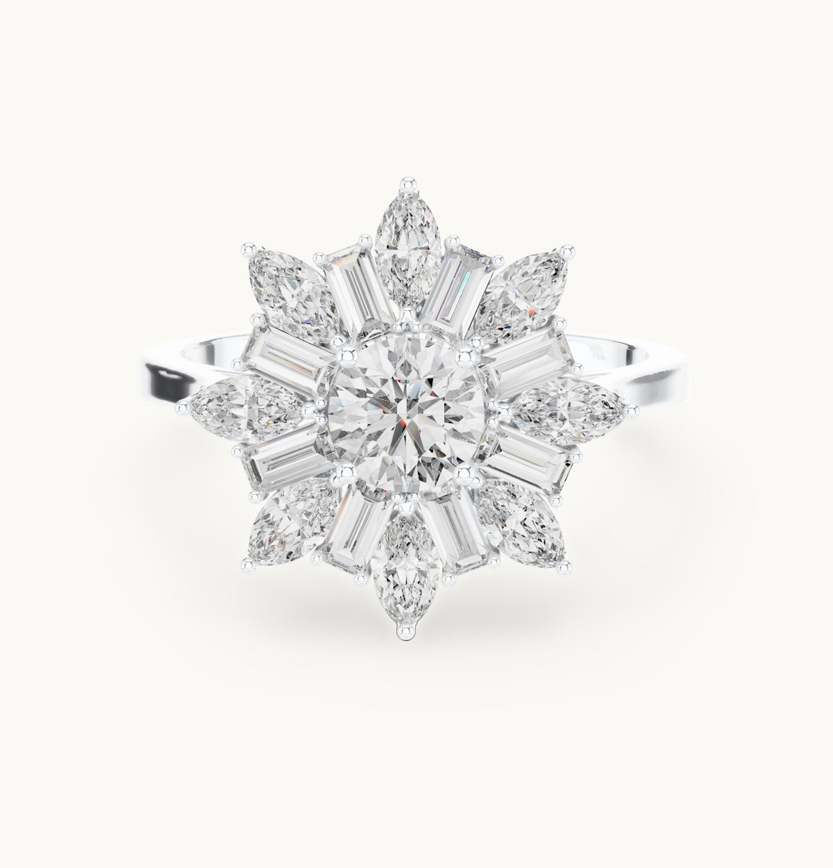 Round lab-grown diamond starburst cluster ring in white gold, 1.30 CT TW, view 4