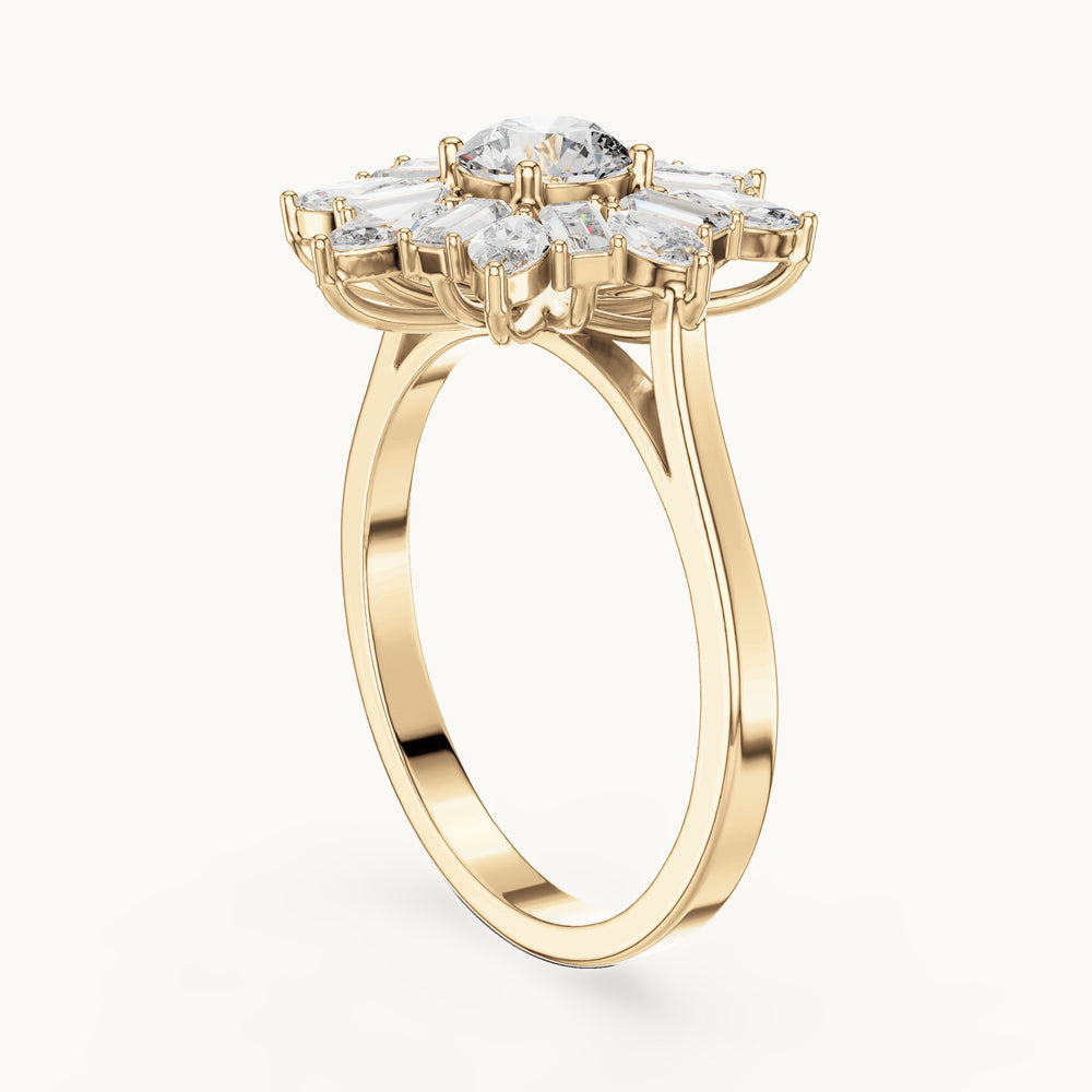 Round lab-grown diamond starburst cluster ring in yellow gold, 1.30 CT TW, view 1