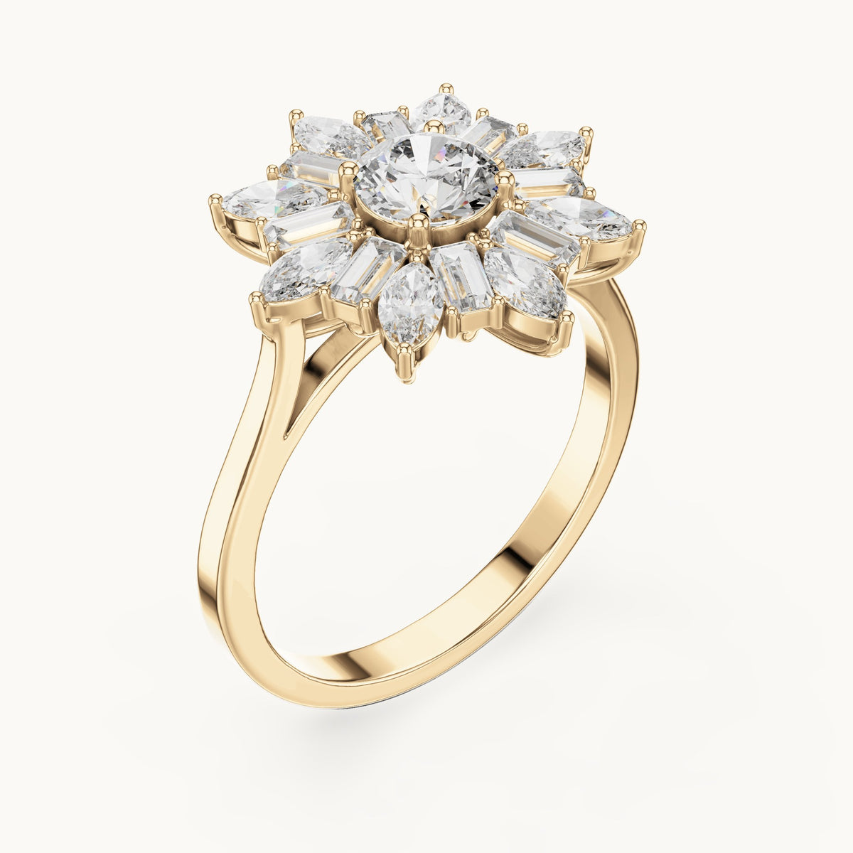 Round lab-grown diamond starburst cluster ring in yellow gold, 1.30 CT TW, view 2