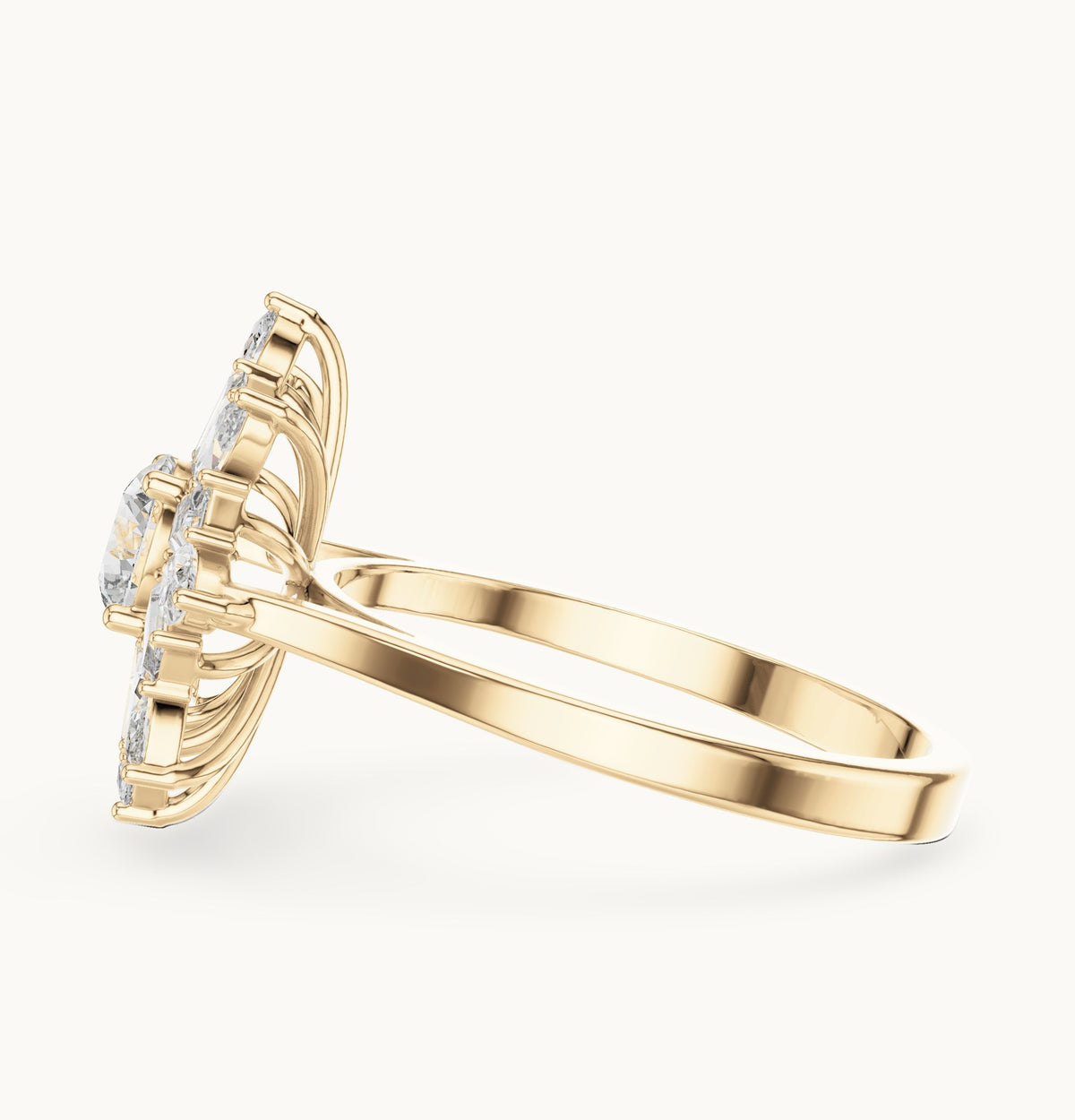 Round lab-grown diamond starburst cluster ring in yellow gold, 1.30 CT TW, view 3