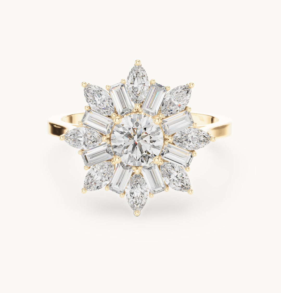 Round lab-grown diamond starburst cluster ring in yellow gold, 1.30 CT TW, view 4