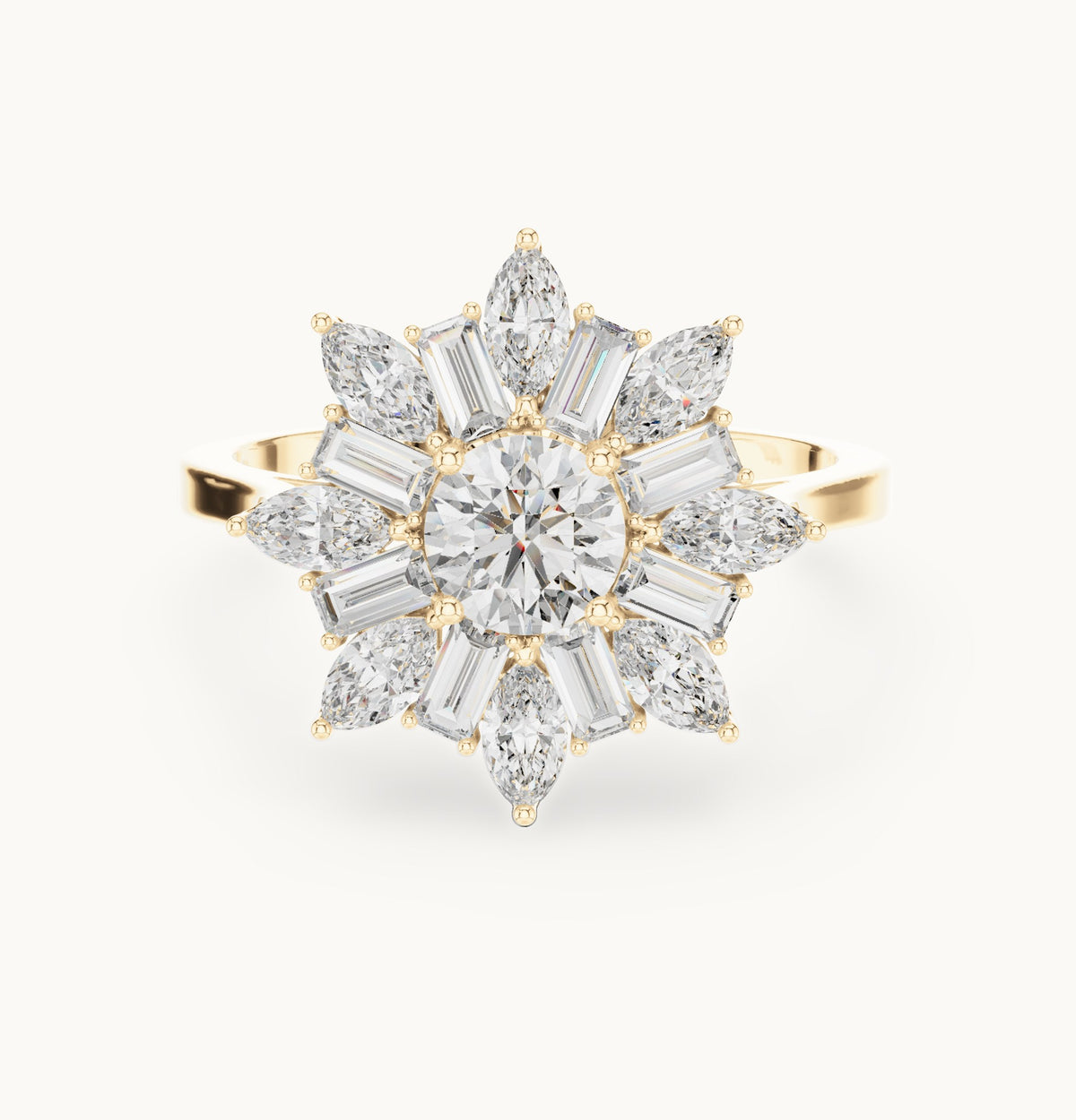 Round lab-grown diamond starburst cluster ring in yellow gold, 1.30 CT TW, view 4