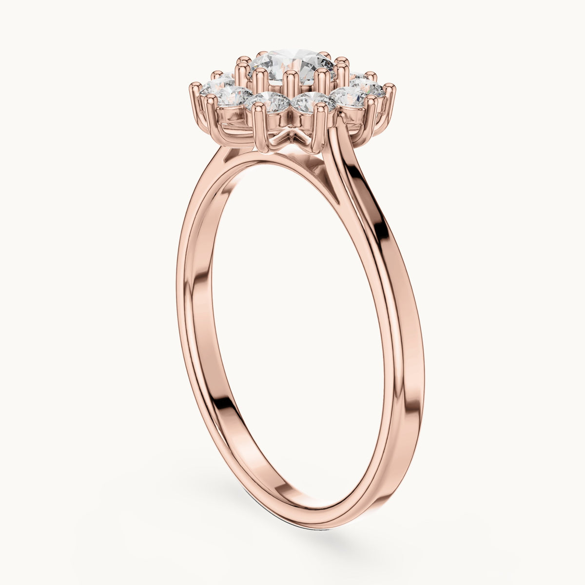 Round lab-grown diamond flower halo engagement ring in rose gold, 0.75 CT TW, view 1