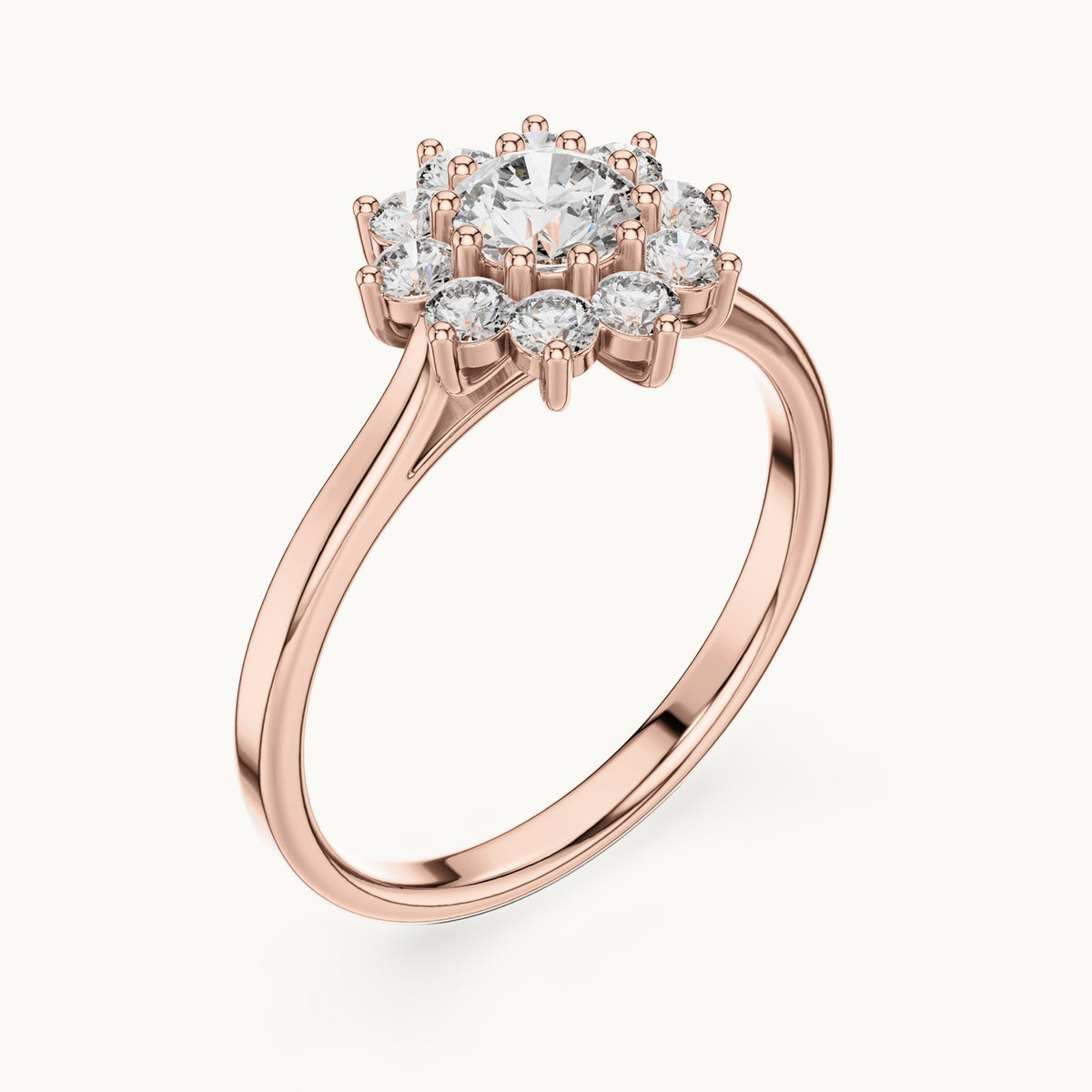 Round lab-grown diamond flower halo engagement ring in rose gold, 0.75 CT TW, view 2