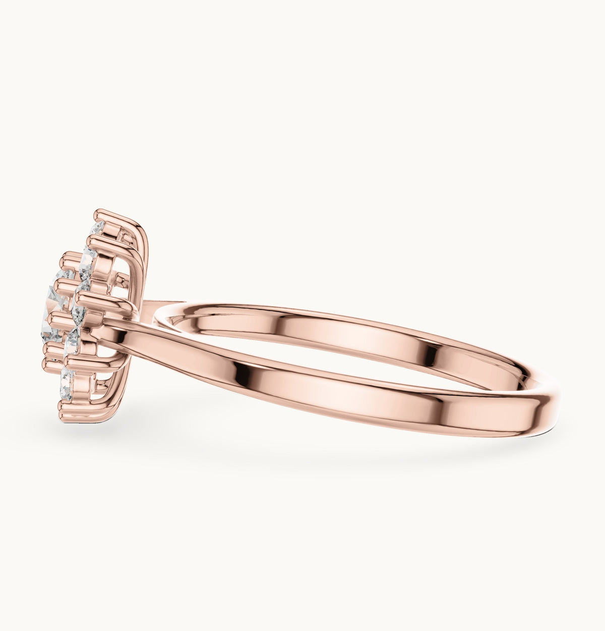Round lab-grown diamond flower halo engagement ring in rose gold, 0.75 CT TW, view 3