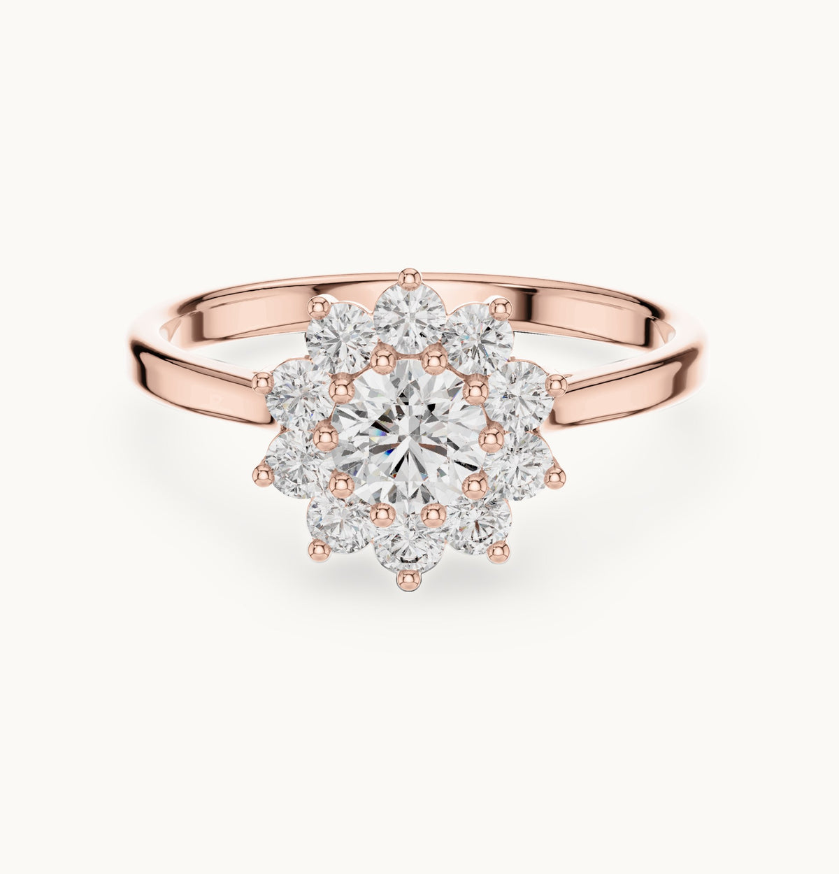 Round lab-grown diamond flower halo engagement ring in rose gold, 0.75 CT TW, view 4