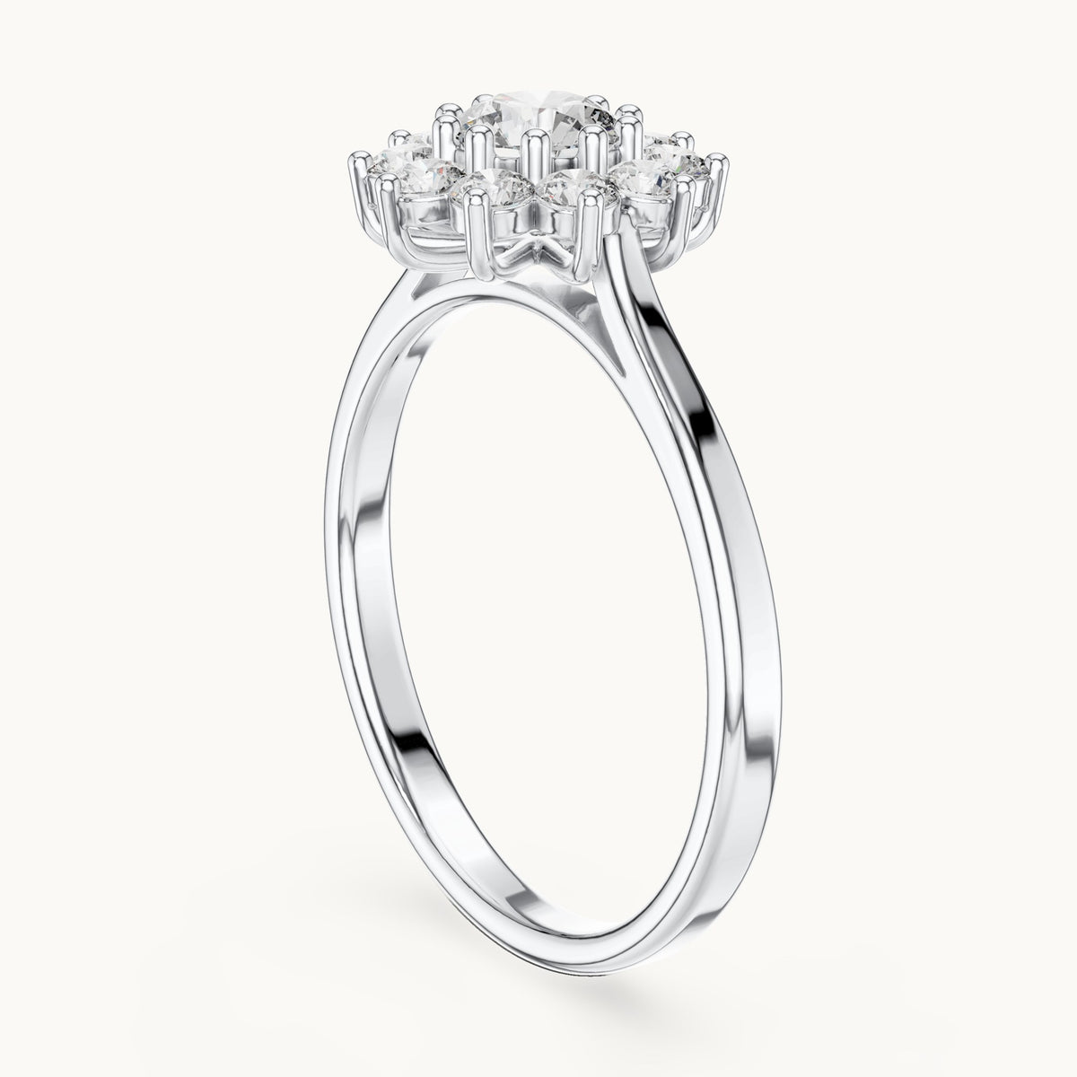 Round lab-grown diamond flower halo engagement ring in white gold, 0.75 CT TW, view 1