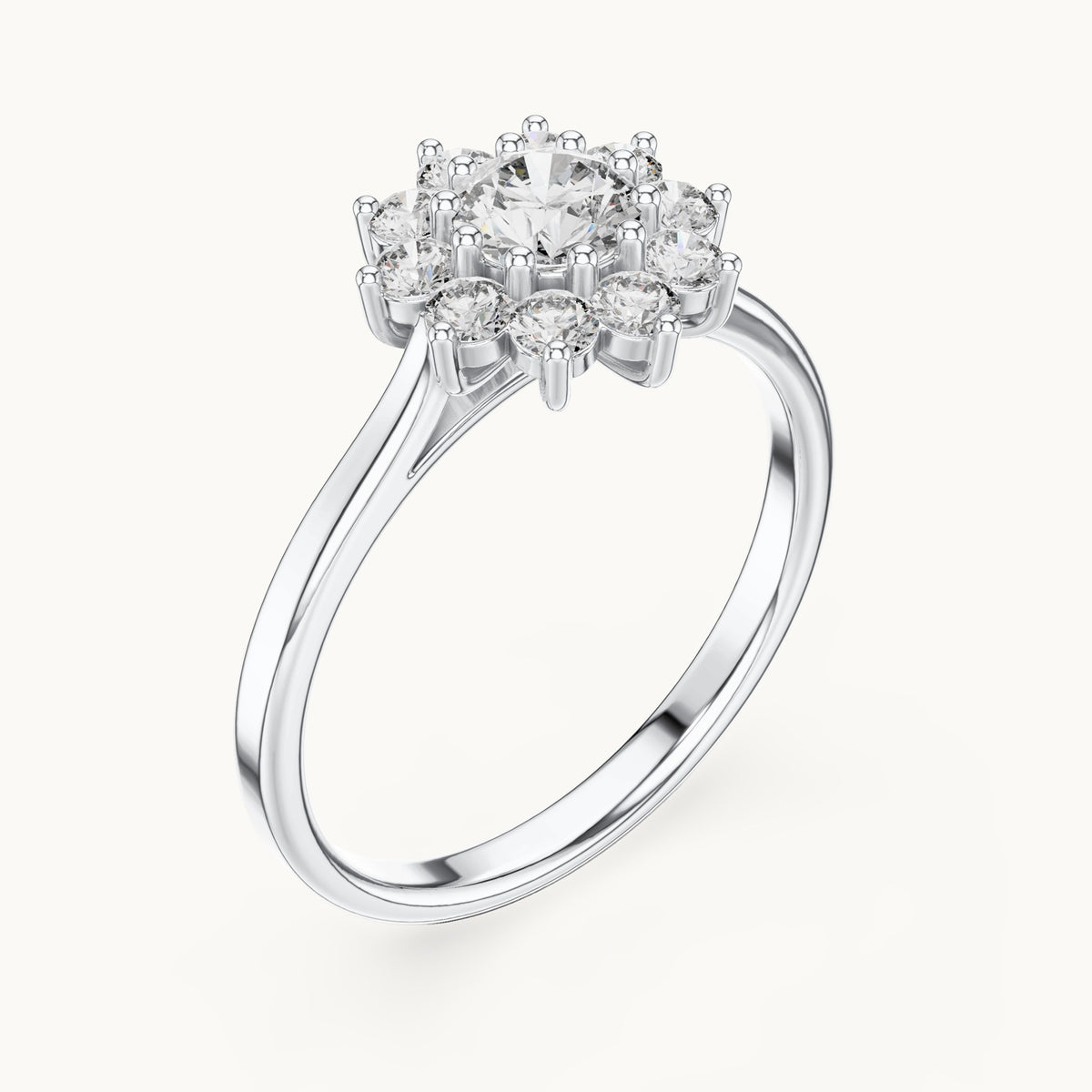 Round lab-grown diamond flower halo engagement ring in white gold, 0.75 CT TW, view 2