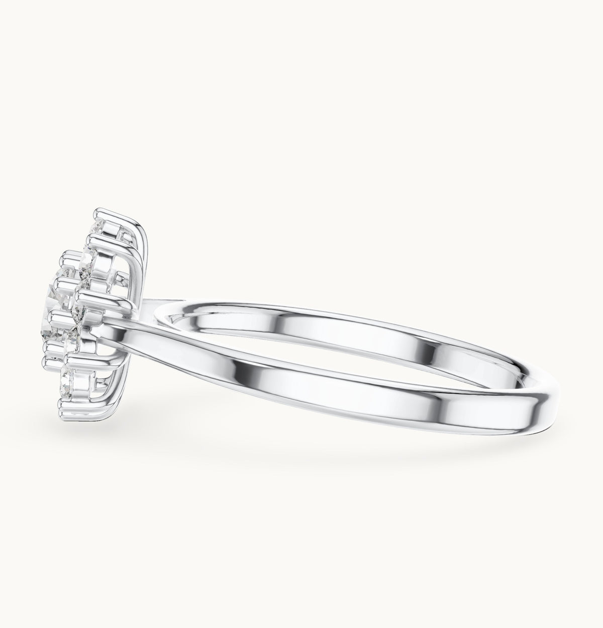 Round lab-grown diamond flower halo engagement ring in white gold, 0.75 CT TW, view 3